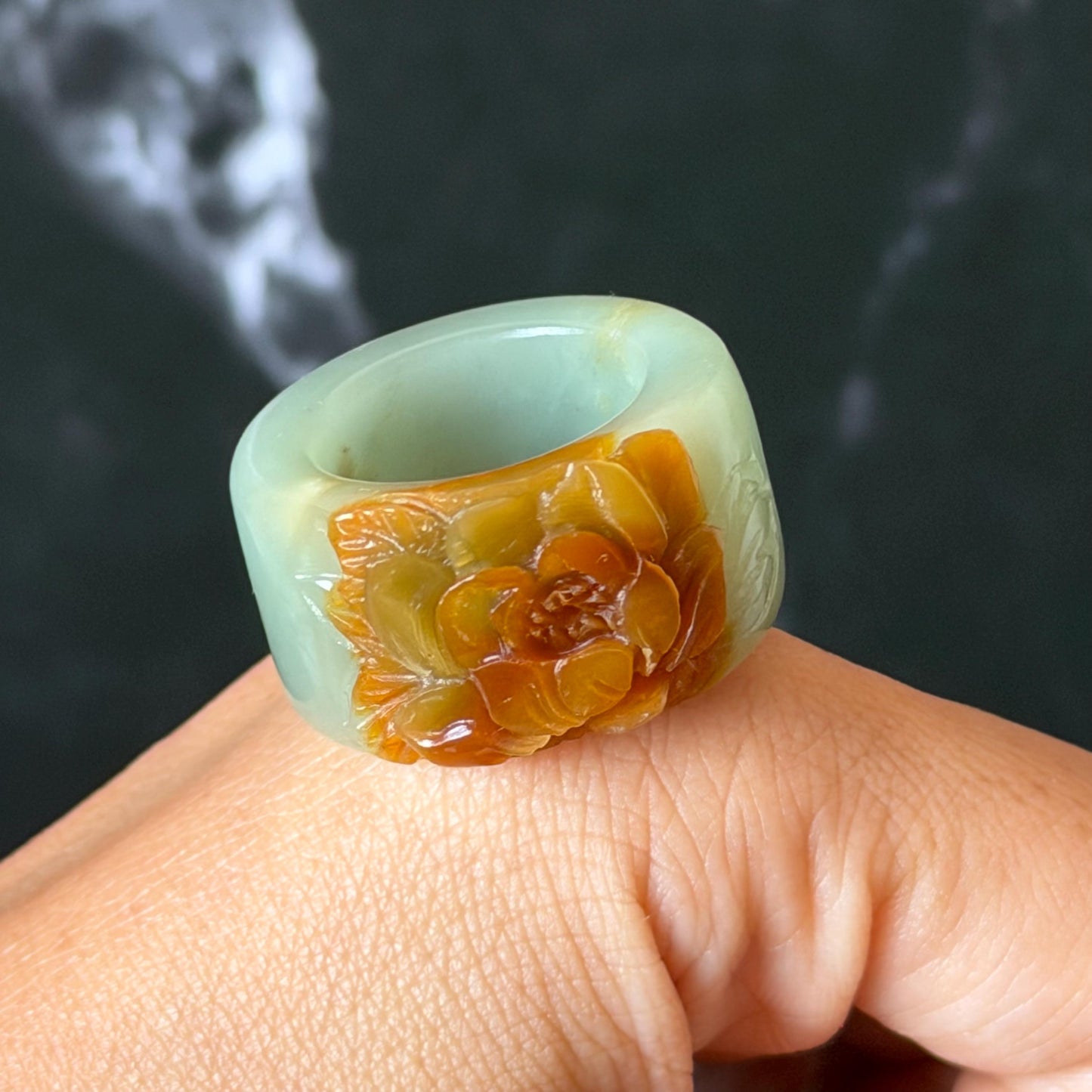 Xiu Jade Serpentine Hand Carved Peony Flower Statement Ring 18.2mm (US 7.75): Natural Brown & Green Jade 3D Flower Carving Stone Thumb Ring Band Ring gift for her brown jade carving green jade peony carving hand engraved statement ring flower carving hand carved flower natural untreated jade handcrafted jade ring