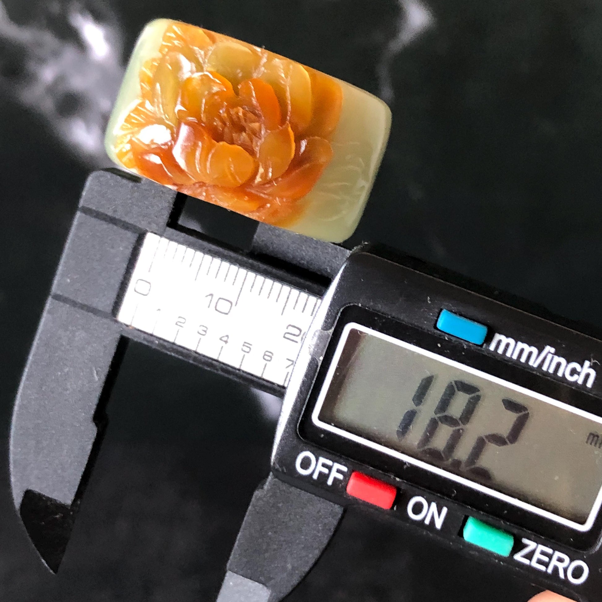 Xiu Jade Serpentine Hand Carved Peony Flower Statement Ring 18.2mm (US 7.75): Natural Brown & Green Jade 3D Flower Carving Stone Thumb Ring Band Ring gift for her brown jade carving green jade peony carving hand engraved statement ring flower carving hand carved flower natural untreated jade handcrafted jade ring