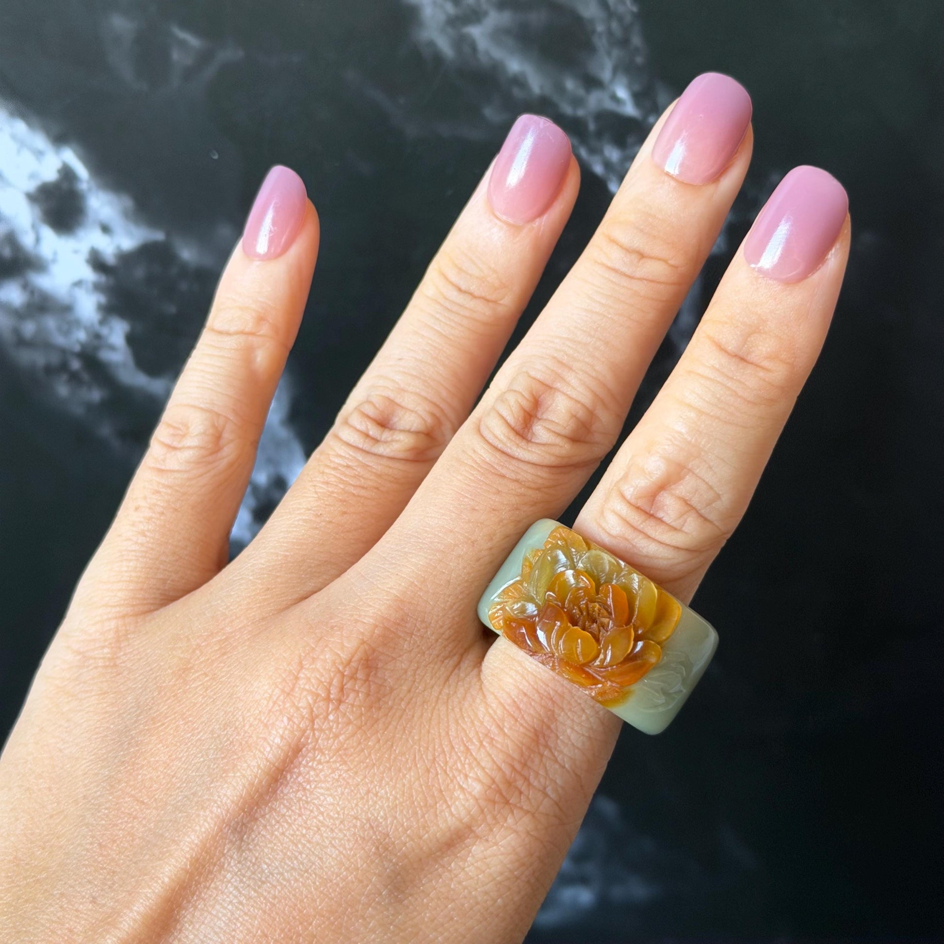 Xiu Jade Serpentine Hand Carved Peony Flower Statement Ring 18.2mm (US 7.75): Natural Brown & Green Jade 3D Flower Carving Stone Thumb Ring Band Ring gift for her brown jade carving green jade peony carving hand engraved statement ring flower carving hand carved flower natural untreated jade handcrafted jade ring