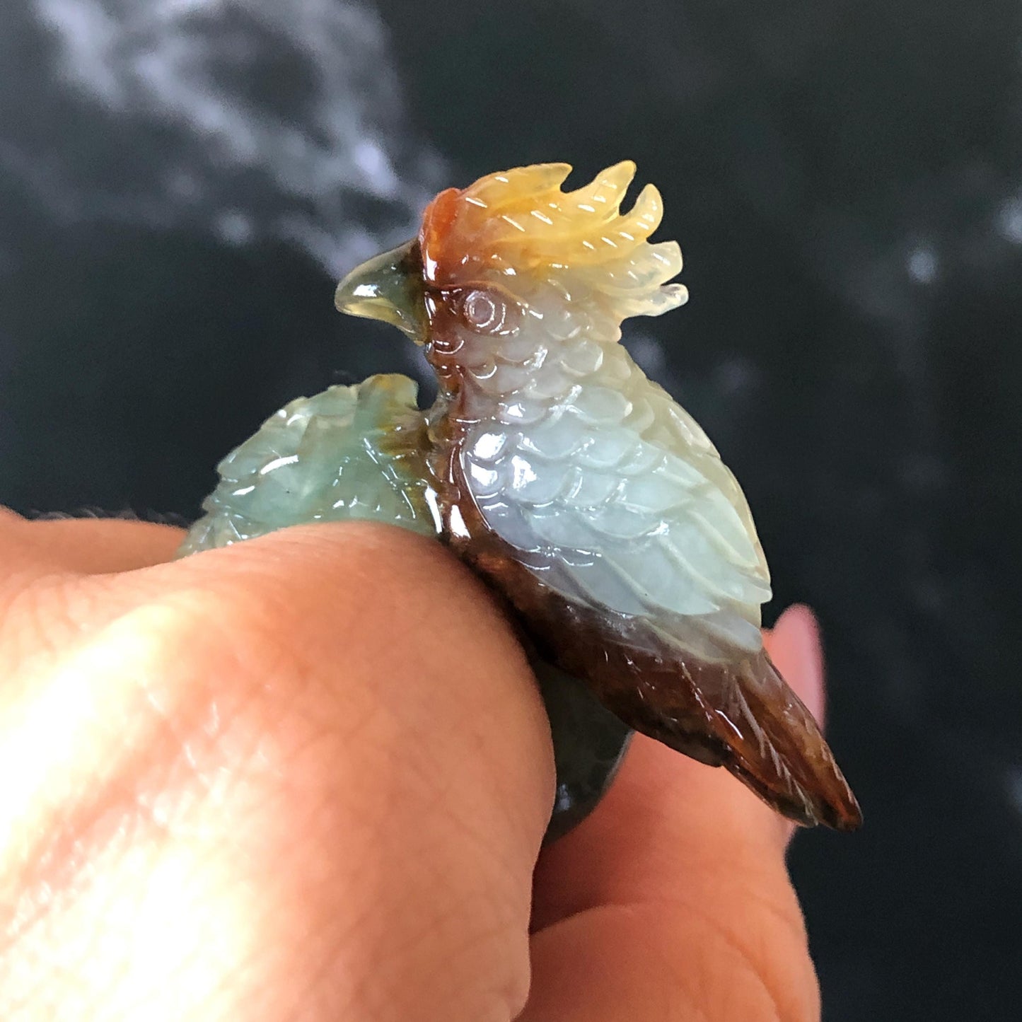 Natural Xiu Jade Serpentine Hand Carved 3D Parrot Ring 17.1mm (US 6.5): Gradient Multi-colour Green Yellow Brown White Jade Statement Ring Band Ring gift for her brown jade carving green jade white jade yellow jade orange jade multi colour jade parrot carving bird carving hand engraved statement ring flower carving hand carved flower natural untreated jade handcrafted jade ring 3D carving Stone carving Gemstone Carving Bird Lover gift Parrot Lover Gift jade cocktail ring jade band ring