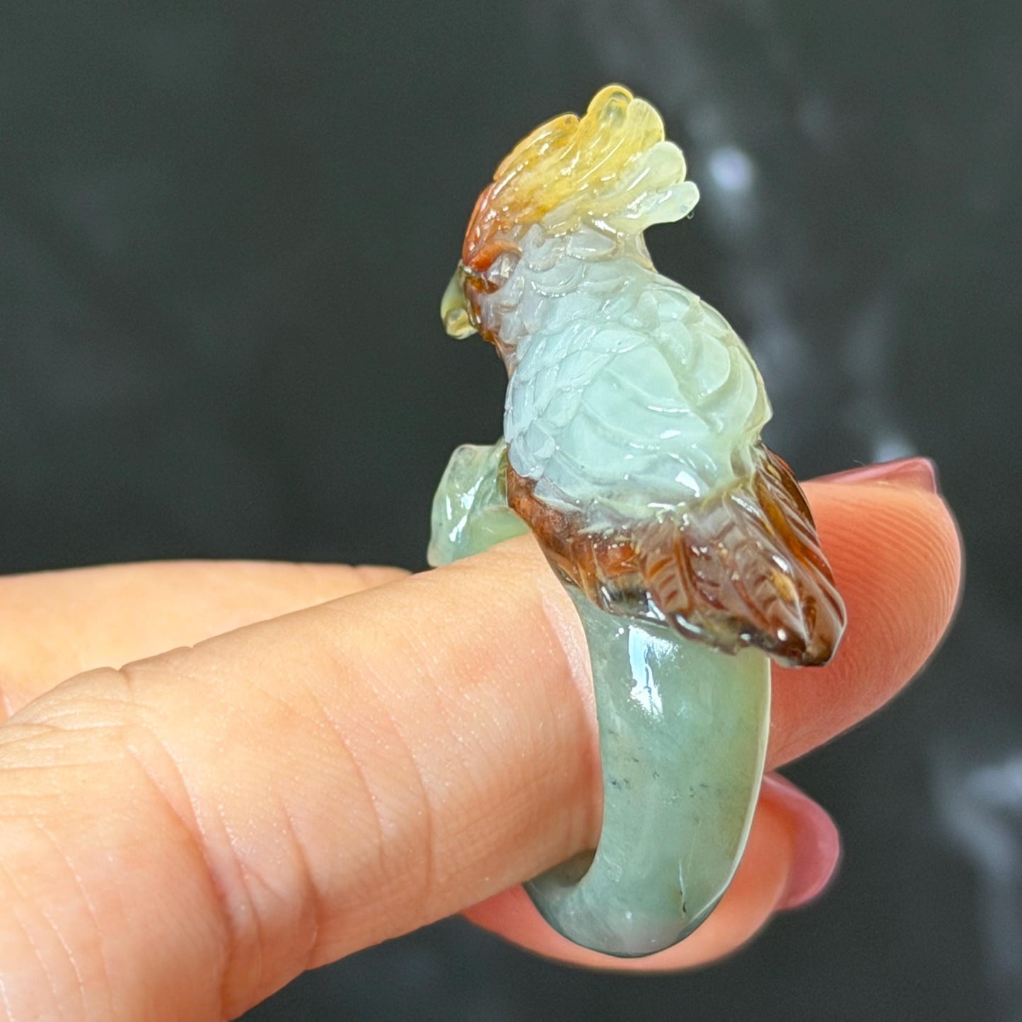 Natural Xiu Jade Serpentine Hand Carved 3D Parrot Ring 17.1mm (US 6.5): Gradient Multi-colour Green Yellow Brown White Jade Statement Ring Band Ring gift for her brown jade carving green jade white jade yellow jade orange jade multi colour jade parrot carving bird carving hand engraved statement ring flower carving hand carved flower natural untreated jade handcrafted jade ring 3D carving Stone carving Gemstone Carving Bird Lover gift Parrot Lover Gift jade cocktail ring jade band ring