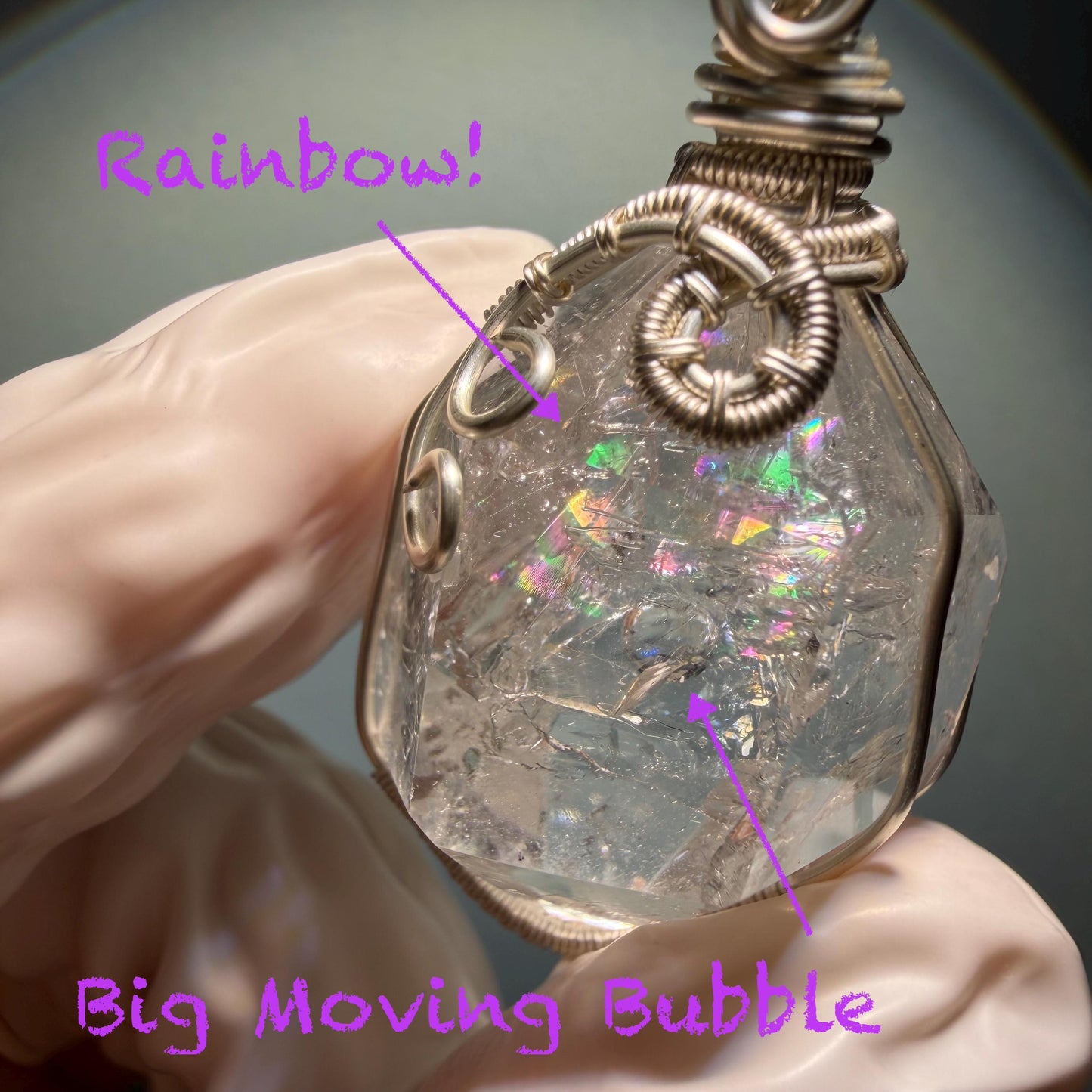 Polished Rainbow Enhydro Quartz (Herkimer Diamond) Wire Wrapped Pendant Adjustable Necklace: Moving Clear Bubble Inclusion Crystal | Natural Gemstone Birthstone Gift for her enhydro quartz sand water-fall pendant necklace choker gemstone charm stone pendant choker polished stone pendant crystal charm birthstone gift for her men necklace chakra crystal purify stone minerals specimen adjustable choker mica quartz mica flakes silver wire wrapped pendant