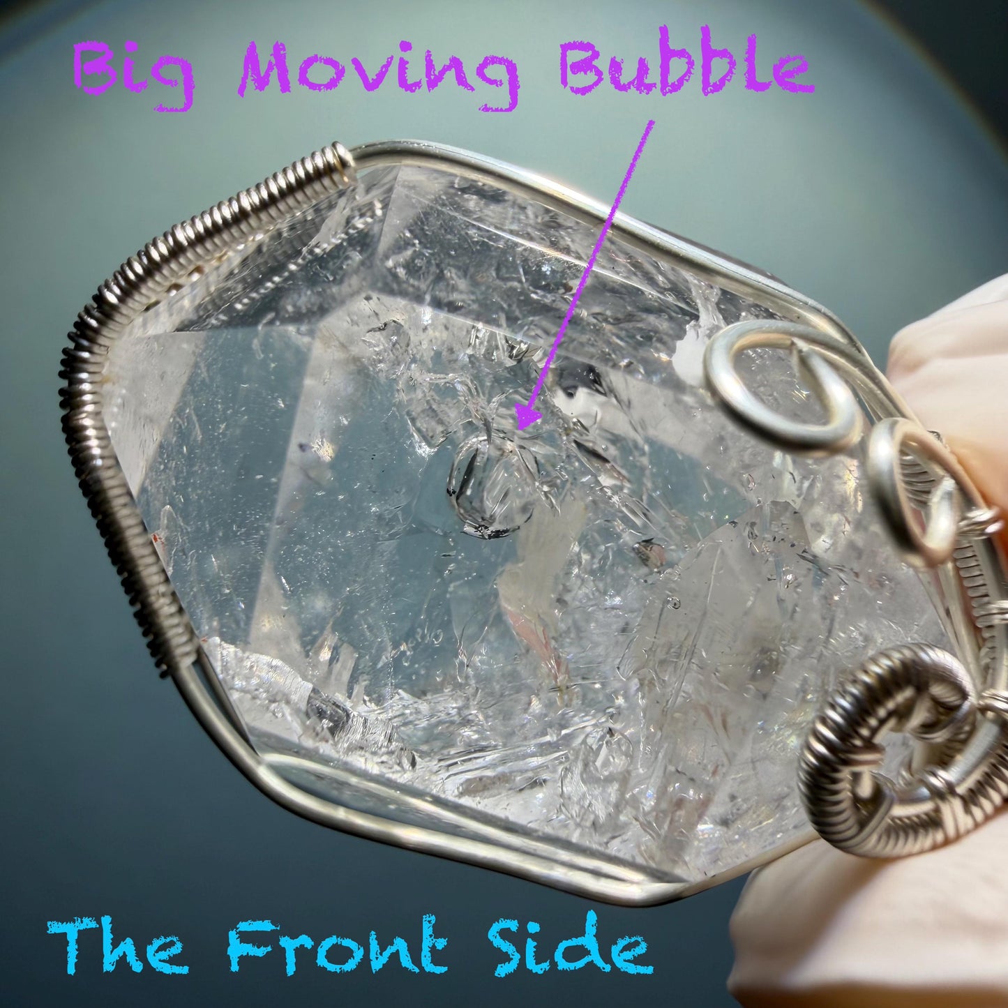 Polished Rainbow Enhydro Quartz (Herkimer Diamond) Wire Wrapped Pendant Adjustable Necklace: Moving Clear Bubble Inclusion Crystal | Natural Gemstone Birthstone Gift for her enhydro quartz sand water-fall pendant necklace choker gemstone charm stone pendant choker polished stone pendant crystal charm birthstone gift for her men necklace chakra crystal purify stone minerals specimen adjustable choker mica quartz mica flakes silver wire wrapped pendant