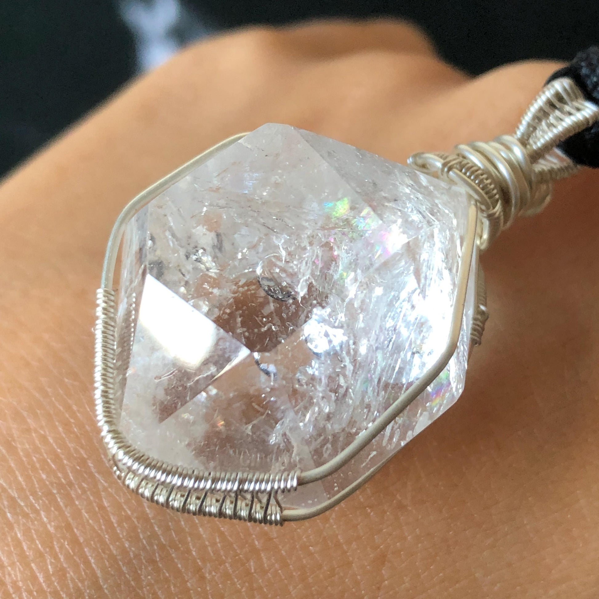 Polished Rainbow Enhydro Quartz (Herkimer Diamond) Wire Wrapped Pendant Adjustable Necklace: Moving Clear Bubble Inclusion Crystal | Natural Gemstone Birthstone Gift for her enhydro quartz sand water-fall pendant necklace choker gemstone charm stone pendant choker polished stone pendant crystal charm birthstone gift for her men necklace chakra crystal purify stone minerals specimen adjustable choker mica quartz mica flakes silver wire wrapped pendant
