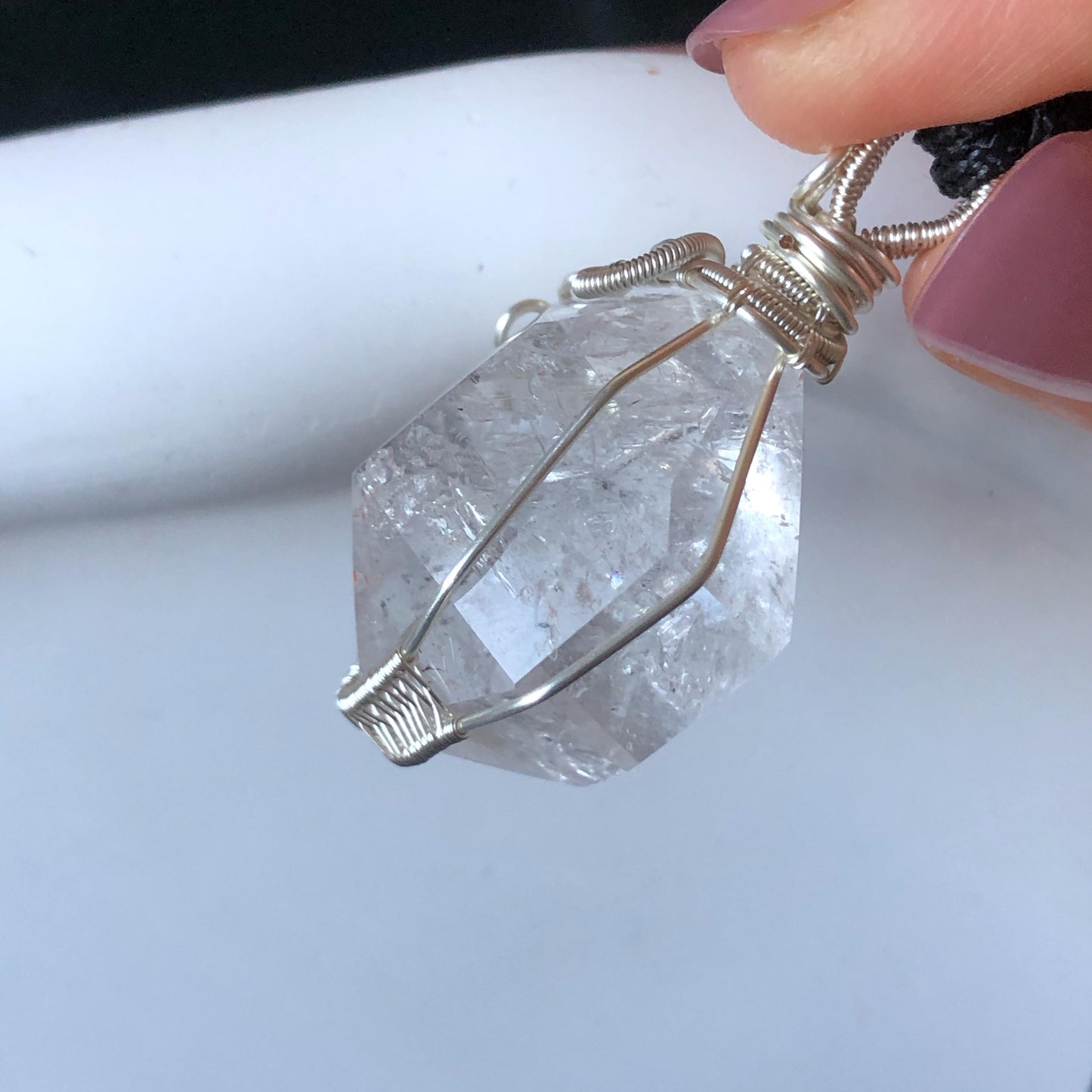 Polished Rainbow Enhydro Quartz (Herkimer Diamond) Wire Wrapped Pendant Adjustable Necklace: Moving Clear Bubble Inclusion Crystal | Natural Gemstone Birthstone Gift for her enhydro quartz sand water-fall pendant necklace choker gemstone charm stone pendant choker polished stone pendant crystal charm birthstone gift for her men necklace chakra crystal purify stone minerals specimen adjustable choker mica quartz mica flakes silver wire wrapped pendant