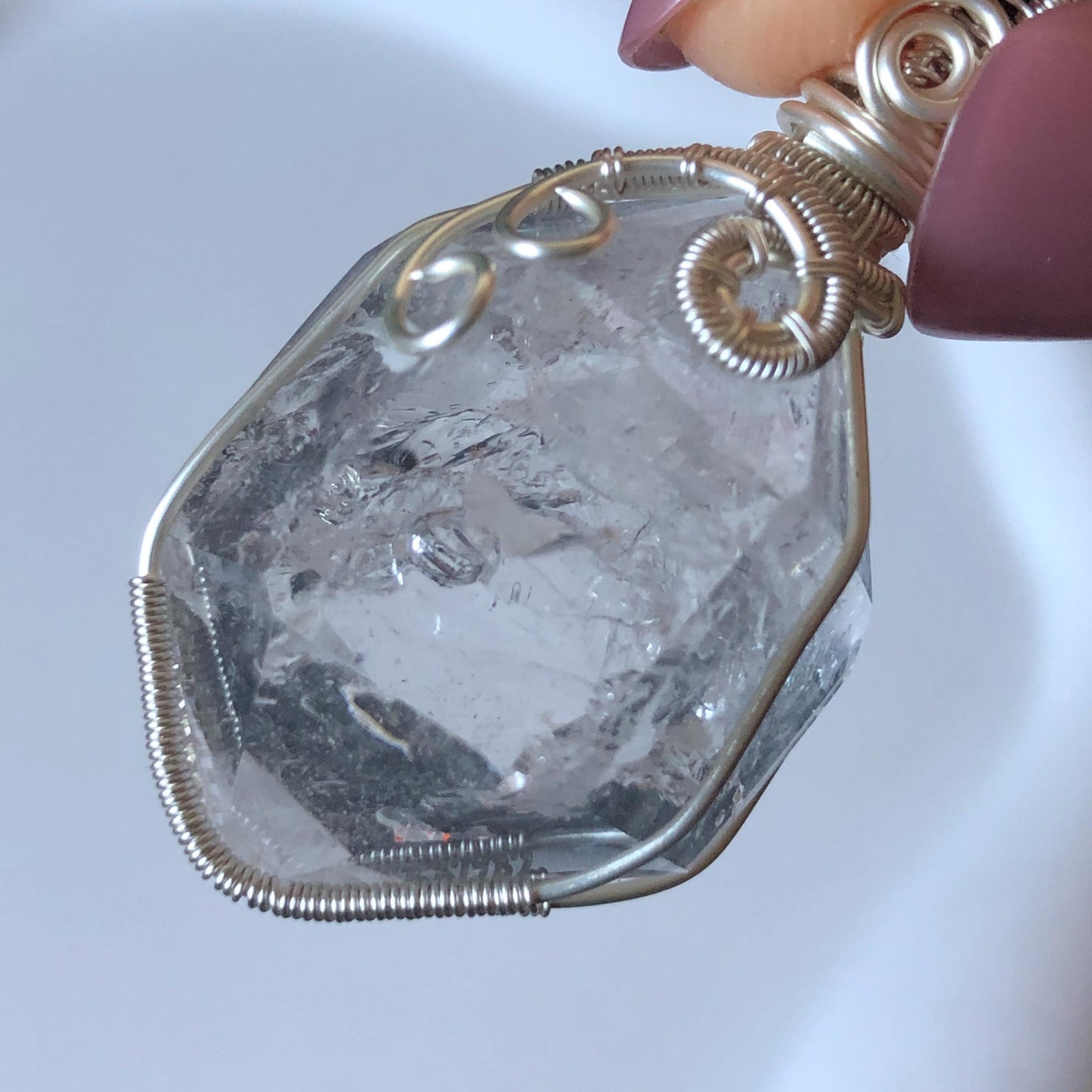 Polished Rainbow Enhydro Quartz (Herkimer Diamond) Wire Wrapped Pendant Adjustable Necklace: Moving Clear Bubble Inclusion Crystal | Natural Gemstone Birthstone Gift for her enhydro quartz sand water-fall pendant necklace choker gemstone charm stone pendant choker polished stone pendant crystal charm birthstone gift for her men necklace chakra crystal purify stone minerals specimen adjustable choker mica quartz mica flakes silver wire wrapped pendant