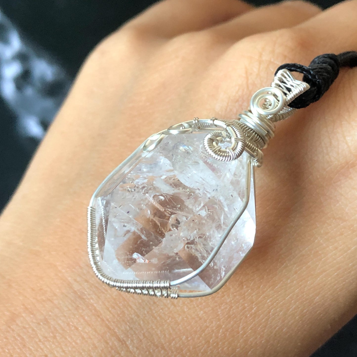 Polished Rainbow Enhydro Quartz (Herkimer Diamond) Wire Wrapped Pendant Adjustable Necklace: Moving Clear Bubble Inclusion Crystal | Natural Gemstone Birthstone Gift for her enhydro quartz sand water-fall pendant necklace choker gemstone charm stone pendant choker polished stone pendant crystal charm birthstone gift for her men necklace chakra crystal purify stone minerals specimen adjustable choker mica quartz mica flakes silver wire wrapped pendant