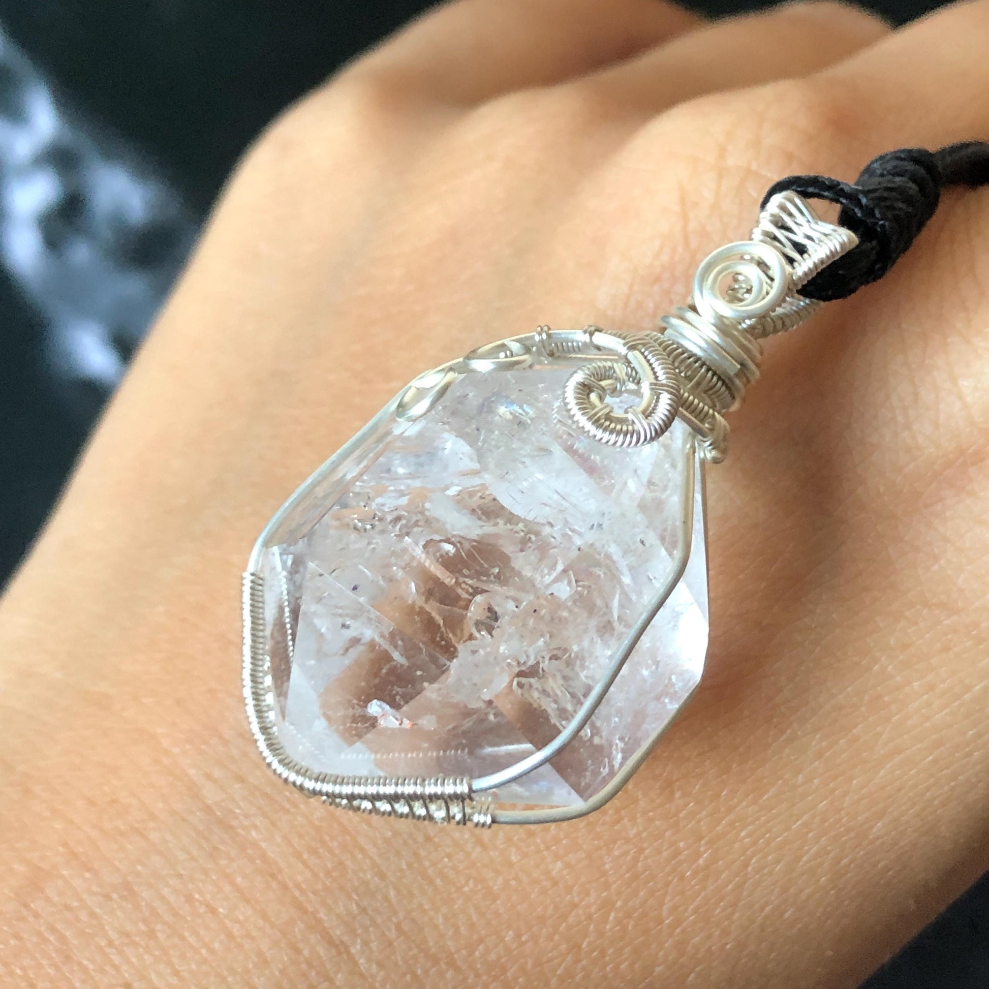 Polished Rainbow Enhydro Quartz (Herkimer Diamond) Wire Wrapped Pendant Adjustable Necklace: Moving Clear Bubble Inclusion Crystal | Natural Gemstone Birthstone Gift for her enhydro quartz sand water-fall pendant necklace choker gemstone charm stone pendant choker polished stone pendant crystal charm birthstone gift for her men necklace chakra crystal purify stone minerals specimen adjustable choker mica quartz mica flakes silver wire wrapped pendant