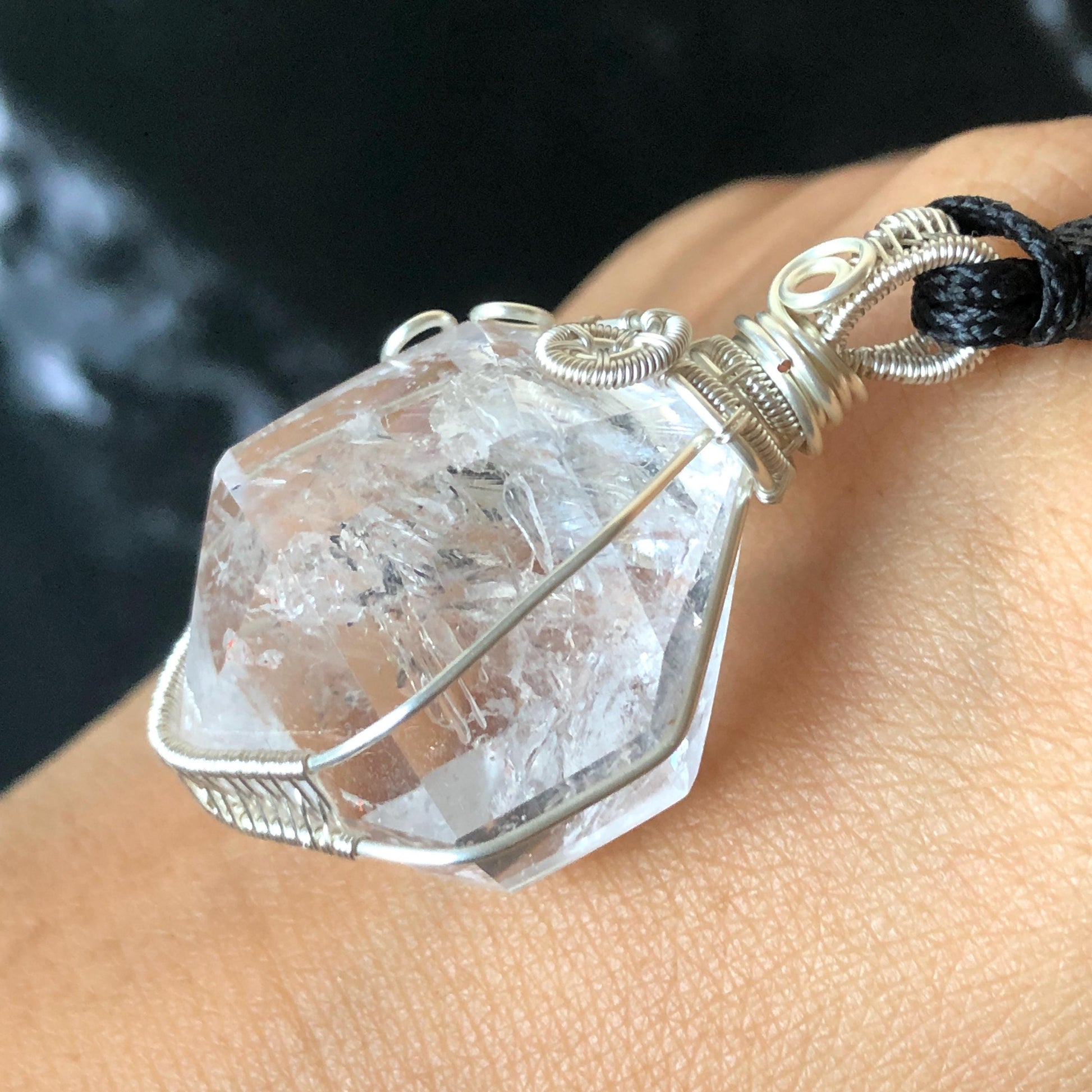 Polished Rainbow Enhydro Quartz (Herkimer Diamond) Wire Wrapped Pendant Adjustable Necklace: Moving Clear Bubble Inclusion Crystal | Natural Gemstone Birthstone Gift for her enhydro quartz sand water-fall pendant necklace choker gemstone charm stone pendant choker polished stone pendant crystal charm birthstone gift for her men necklace chakra crystal purify stone minerals specimen adjustable choker mica quartz mica flakes silver wire wrapped pendant