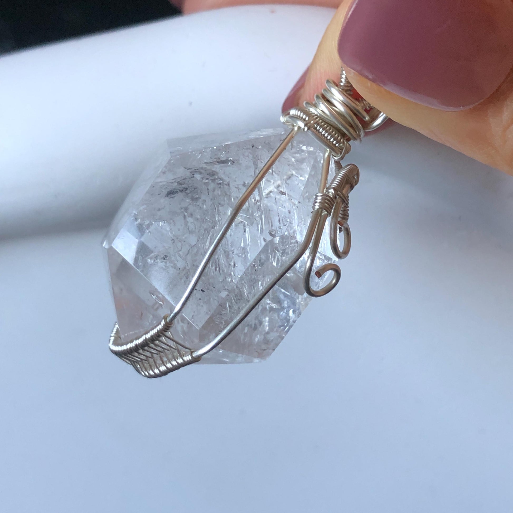 Polished Rainbow Enhydro Quartz (Herkimer Diamond) Wire Wrapped Pendant Adjustable Necklace: Moving Clear Bubble Inclusion Crystal | Natural Gemstone Birthstone Gift for her enhydro quartz sand water-fall pendant necklace choker gemstone charm stone pendant choker polished stone pendant crystal charm birthstone gift for her men necklace chakra crystal purify stone minerals specimen adjustable choker mica quartz mica flakes silver wire wrapped pendant