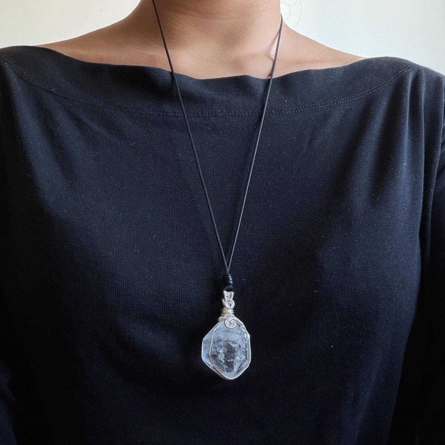 Polished Rainbow Enhydro Quartz (Herkimer Diamond) Wire Wrapped Pendant Adjustable Necklace: Moving Clear Bubble Inclusion Crystal | Natural Gemstone Birthstone Gift for her enhydro quartz sand water-fall pendant necklace choker gemstone charm stone pendant choker polished stone pendant crystal charm birthstone gift for her men necklace chakra crystal purify stone minerals specimen adjustable choker mica quartz mica flakes silver wire wrapped pendant