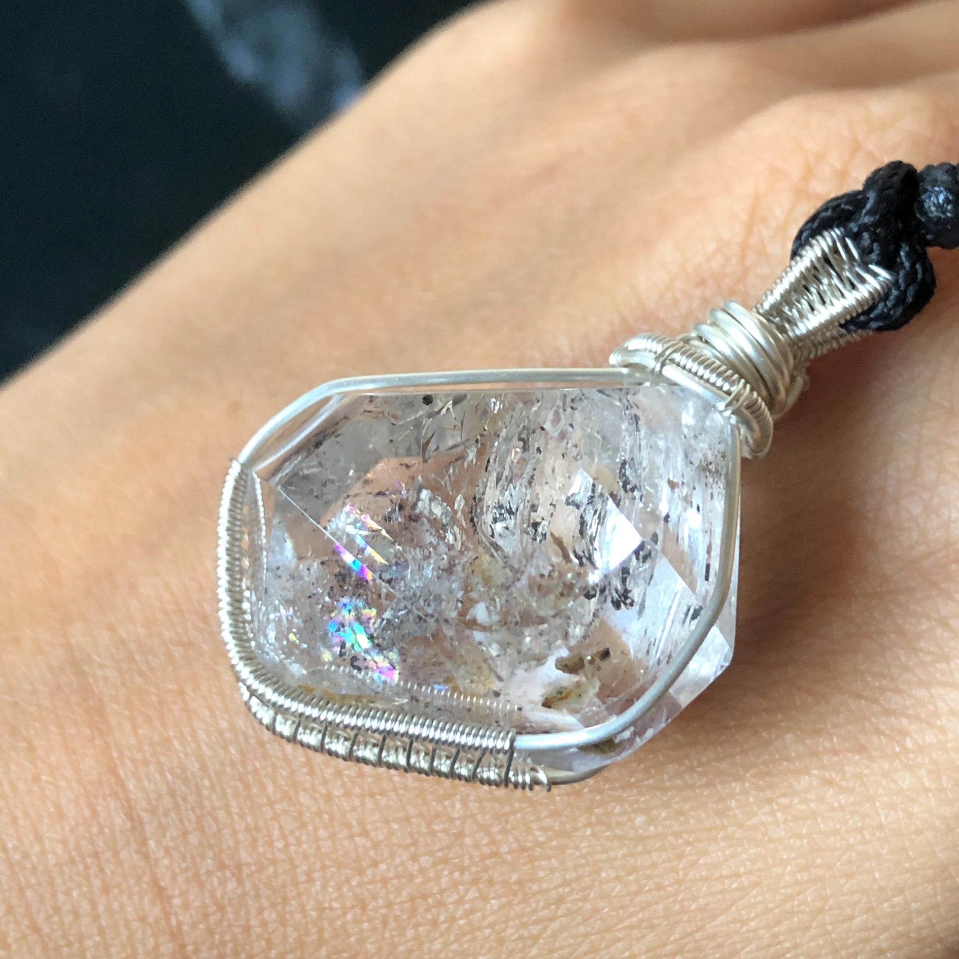 Polished Rainbow Enhydro Quartz (Herkimer Diamond) Wire Wrapped Pendant Adjustable Necklace: 2 Moving Black Bubble Inclusion Crystal | Natural Gemstone Birthstone Gift for her enhydro quartz sand water-fall pendant necklace choker gemstone charm stone pendant choker polished stone pendant crystal charm birthstone gift for her men necklace chakra crystal purify stone minerals specimen adjustable choker mica quartz mica flakes silver wire wrapped pendant