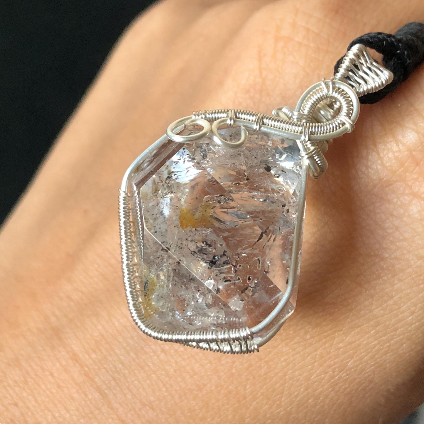 Polished Rainbow Enhydro Quartz (Herkimer Diamond) Wire Wrapped Pendant Adjustable Necklace: 2 Moving Black Bubble Inclusion Crystal | Natural Gemstone Birthstone Gift for her enhydro quartz sand water-fall pendant necklace choker gemstone charm stone pendant choker polished stone pendant crystal charm birthstone gift for her men necklace chakra crystal purify stone minerals specimen adjustable choker mica quartz mica flakes silver wire wrapped pendant