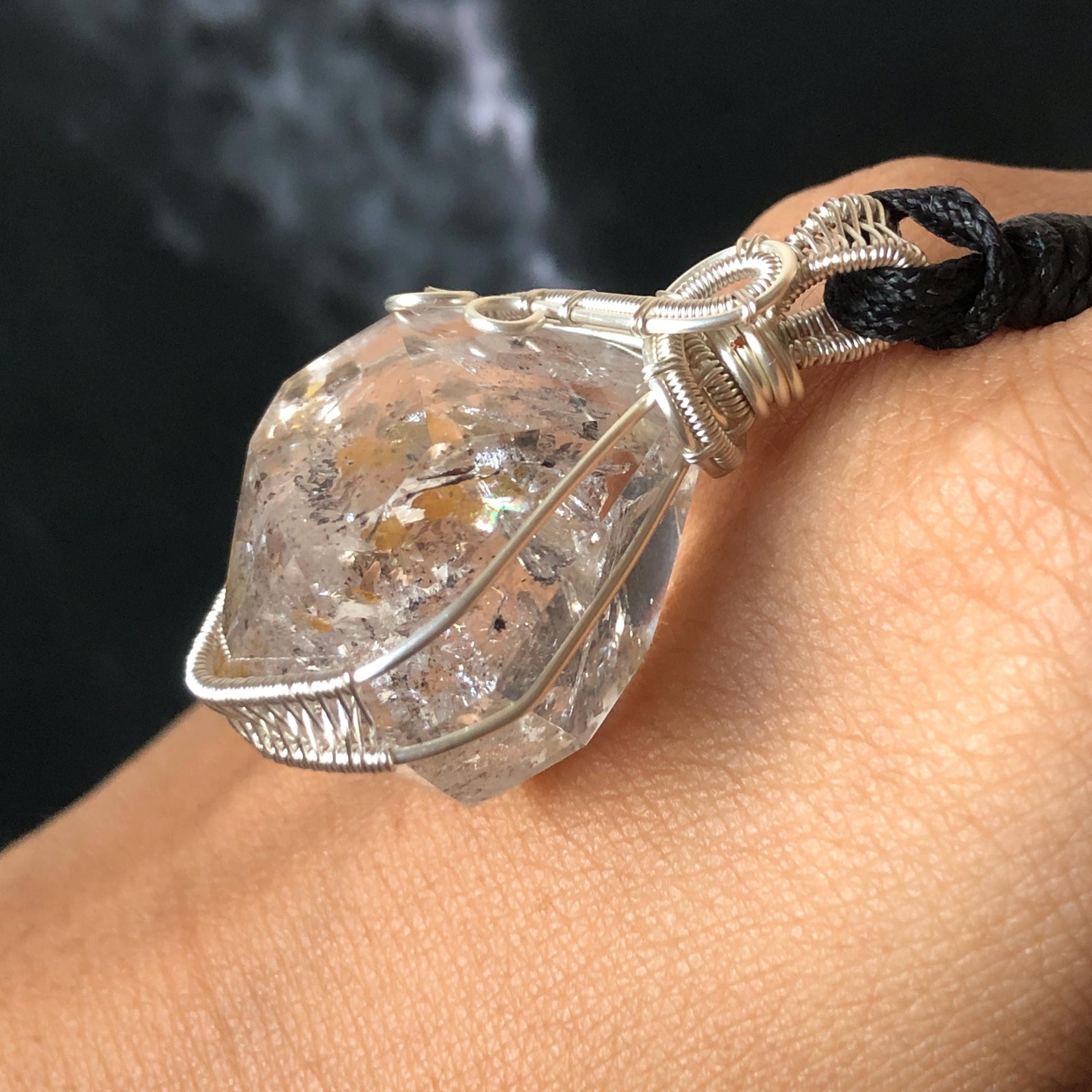 Polished Rainbow Enhydro Quartz (Herkimer Diamond) Wire Wrapped Pendant Adjustable Necklace: 2 Moving Black Bubble Inclusion Crystal | Natural Gemstone Birthstone Gift for her enhydro quartz sand water-fall pendant necklace choker gemstone charm stone pendant choker polished stone pendant crystal charm birthstone gift for her men necklace chakra crystal purify stone minerals specimen adjustable choker mica quartz mica flakes silver wire wrapped pendant