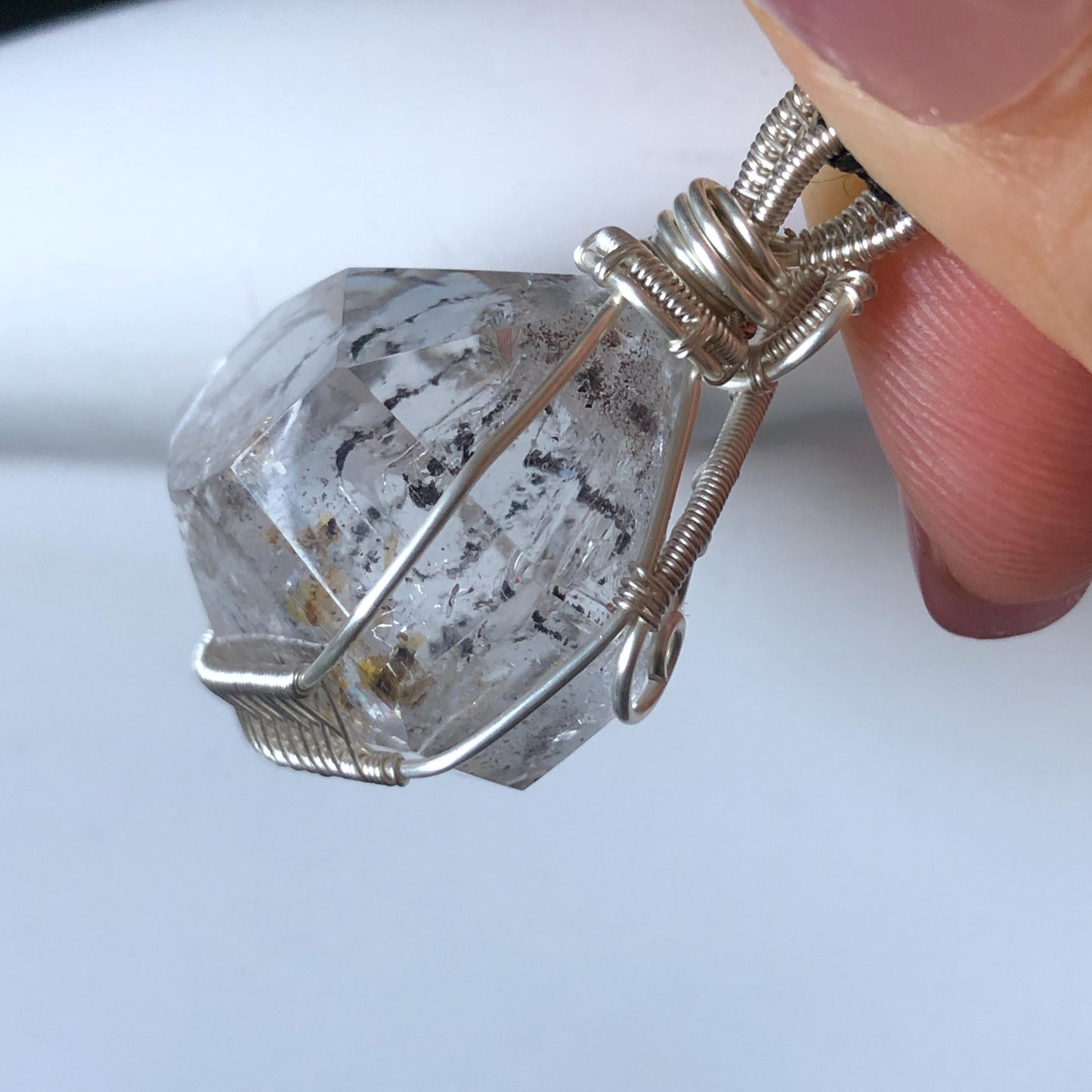 Polished Rainbow Enhydro Quartz (Herkimer Diamond) Wire Wrapped Pendant Adjustable Necklace: 2 Moving Black Bubble Inclusion Crystal | Natural Gemstone Birthstone Gift for her enhydro quartz sand water-fall pendant necklace choker gemstone charm stone pendant choker polished stone pendant crystal charm birthstone gift for her men necklace chakra crystal purify stone minerals specimen adjustable choker mica quartz mica flakes silver wire wrapped pendant