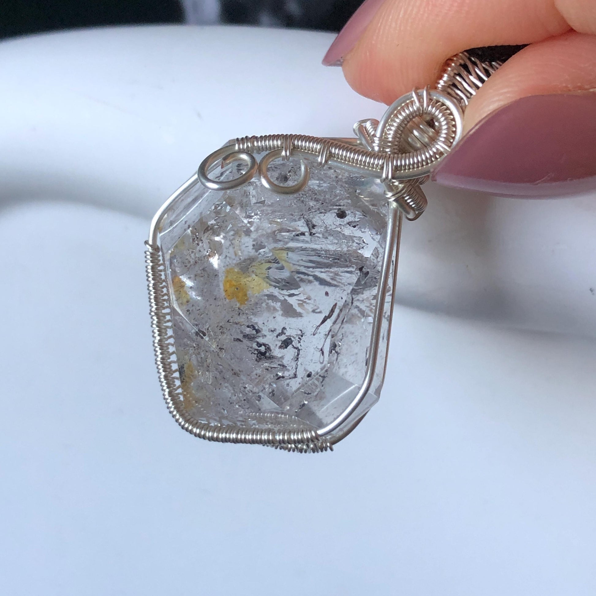 Polished Rainbow Enhydro Quartz (Herkimer Diamond) Wire Wrapped Pendant Adjustable Necklace: 2 Moving Black Bubble Inclusion Crystal | Natural Gemstone Birthstone Gift for her enhydro quartz sand water-fall pendant necklace choker gemstone charm stone pendant choker polished stone pendant crystal charm birthstone gift for her men necklace chakra crystal purify stone minerals specimen adjustable choker mica quartz mica flakes silver wire wrapped pendant