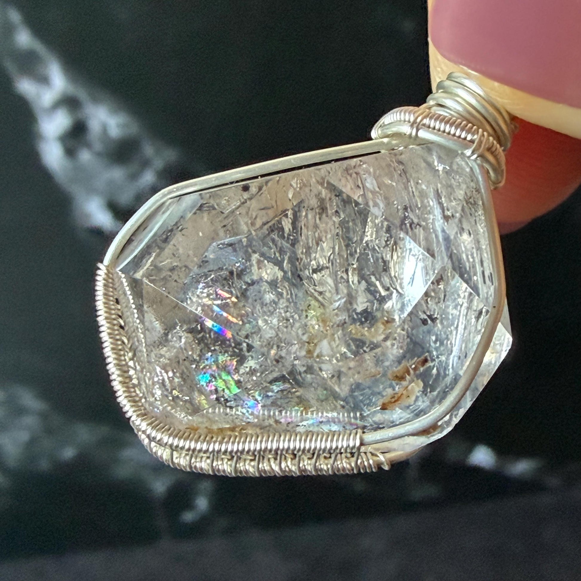 Polished Rainbow Enhydro Quartz (Herkimer Diamond) Wire Wrapped Pendant Adjustable Necklace: 2 Moving Black Bubble Inclusion Crystal | Natural Gemstone Birthstone Gift for her enhydro quartz sand water-fall pendant necklace choker gemstone charm stone pendant choker polished stone pendant crystal charm birthstone gift for her men necklace chakra crystal purify stone minerals specimen adjustable choker mica quartz mica flakes silver wire wrapped pendant