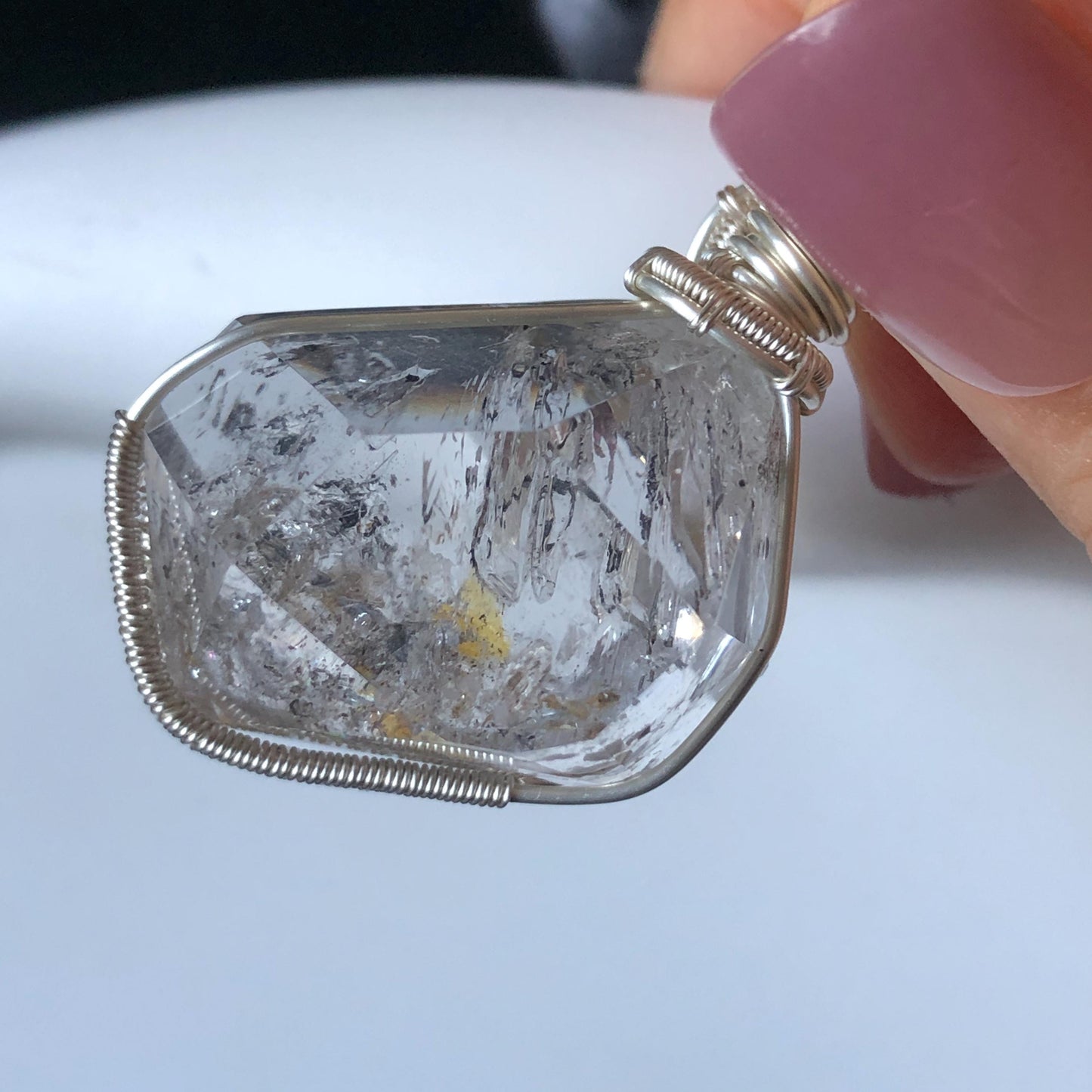 Polished Rainbow Enhydro Quartz (Herkimer Diamond) Wire Wrapped Pendant Adjustable Necklace: 2 Moving Black Bubble Inclusion Crystal | Natural Gemstone Birthstone Gift for her enhydro quartz sand water-fall pendant necklace choker gemstone charm stone pendant choker polished stone pendant crystal charm birthstone gift for her men necklace chakra crystal purify stone minerals specimen adjustable choker mica quartz mica flakes silver wire wrapped pendant