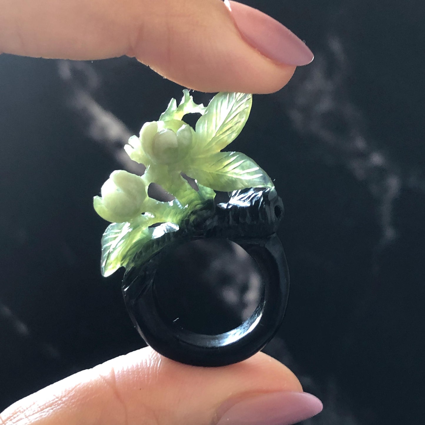 Xiu Jade (Serpentine) Hand Carved Blooming Jasmine Flower Ring 16mm (US 5-5.25): Natural Black Green White Jade Statement Ring Band Ring gift for her black jade carving green jade white jade multi colour jade flower carving jasmine carving hand engraved statement ring hand carved flower natural untreated jade handcrafted jade ring 3D carving Stone carving Gemstone Carving flower Lover gift jade cocktail ring jade band ring