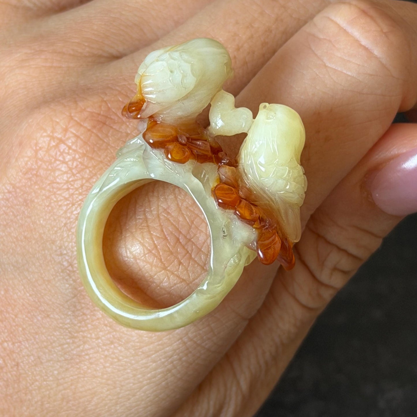 Natural Xiu Jade Serpentine Hand Carved Love Birds Ring 17.7mm (US 7.25): Bi-colour Caramel Brown White Jade 3D stone carving Statement Ring Band Ring gift for her brown jade carving white jade bi colour jade bird carving hand engraved statement ring flower carving hand carved flower natural untreated jade handcrafted jade ring 3D carving Stone carving Gemstone Carving Bird Lover gift jade cocktail ring jade band ring valentine gift anniversary gift wedding gift engagement gift