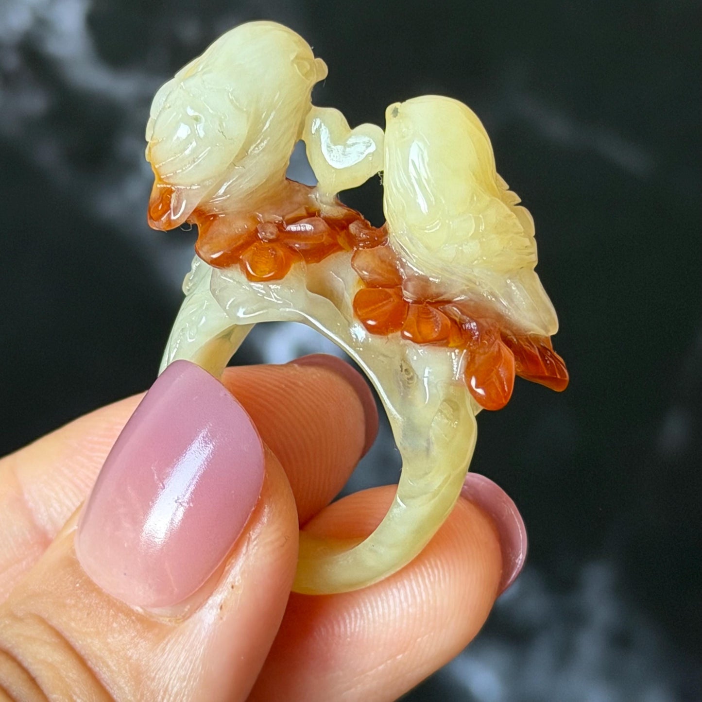 Natural Xiu Jade Serpentine Hand Carved Love Birds Ring 17.7mm (US 7.25): Bi-colour Caramel Brown White Jade 3D stone carving Statement Ring Band Ring gift for her brown jade carving white jade bi colour jade bird carving hand engraved statement ring flower carving hand carved flower natural untreated jade handcrafted jade ring 3D carving Stone carving Gemstone Carving Bird Lover gift jade cocktail ring jade band ring valentine gift anniversary gift wedding gift engagement gift