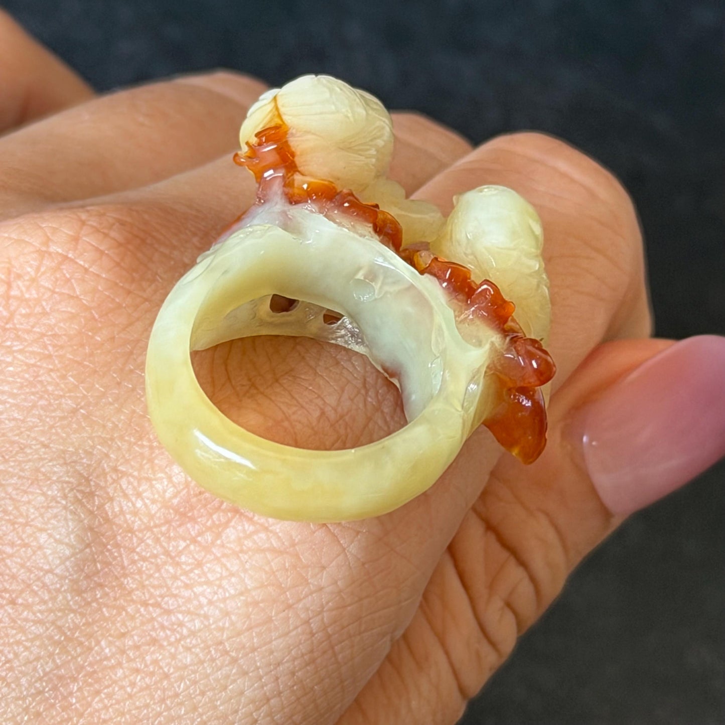 Natural Xiu Jade Serpentine Hand Carved Love Birds Ring 17.7mm (US 7.25): Bi-colour Caramel Brown White Jade 3D stone carving Statement Ring Band Ring gift for her brown jade carving white jade bi colour jade bird carving hand engraved statement ring flower carving hand carved flower natural untreated jade handcrafted jade ring 3D carving Stone carving Gemstone Carving Bird Lover gift jade cocktail ring jade band ring valentine gift anniversary gift wedding gift engagement gift