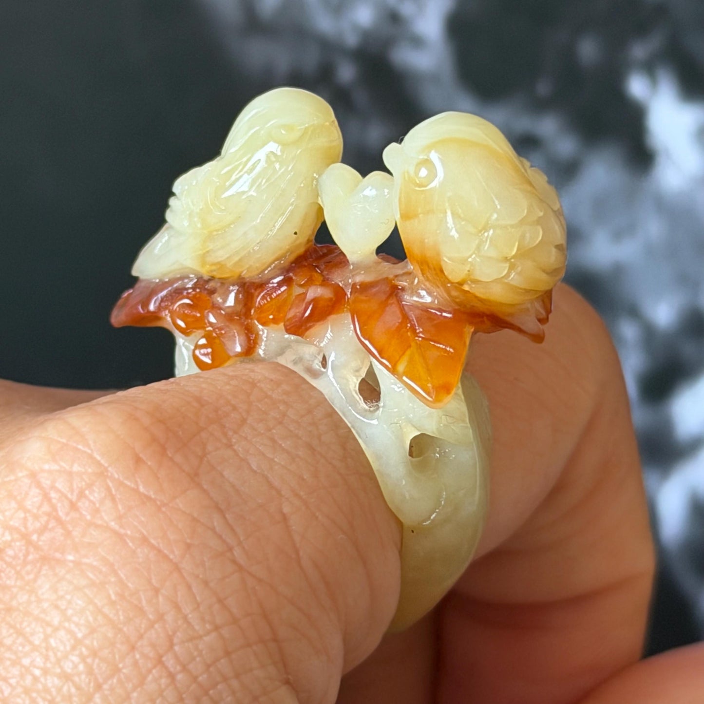 Natural Xiu Jade Serpentine Hand Carved Love Birds Ring 17.7mm (US 7.25): Bi-colour Caramel Brown White Jade 3D stone carving Statement Ring Band Ring gift for her brown jade carving white jade bi colour jade bird carving hand engraved statement ring flower carving hand carved flower natural untreated jade handcrafted jade ring 3D carving Stone carving Gemstone Carving Bird Lover gift jade cocktail ring jade band ring valentine gift anniversary gift wedding gift engagement gift