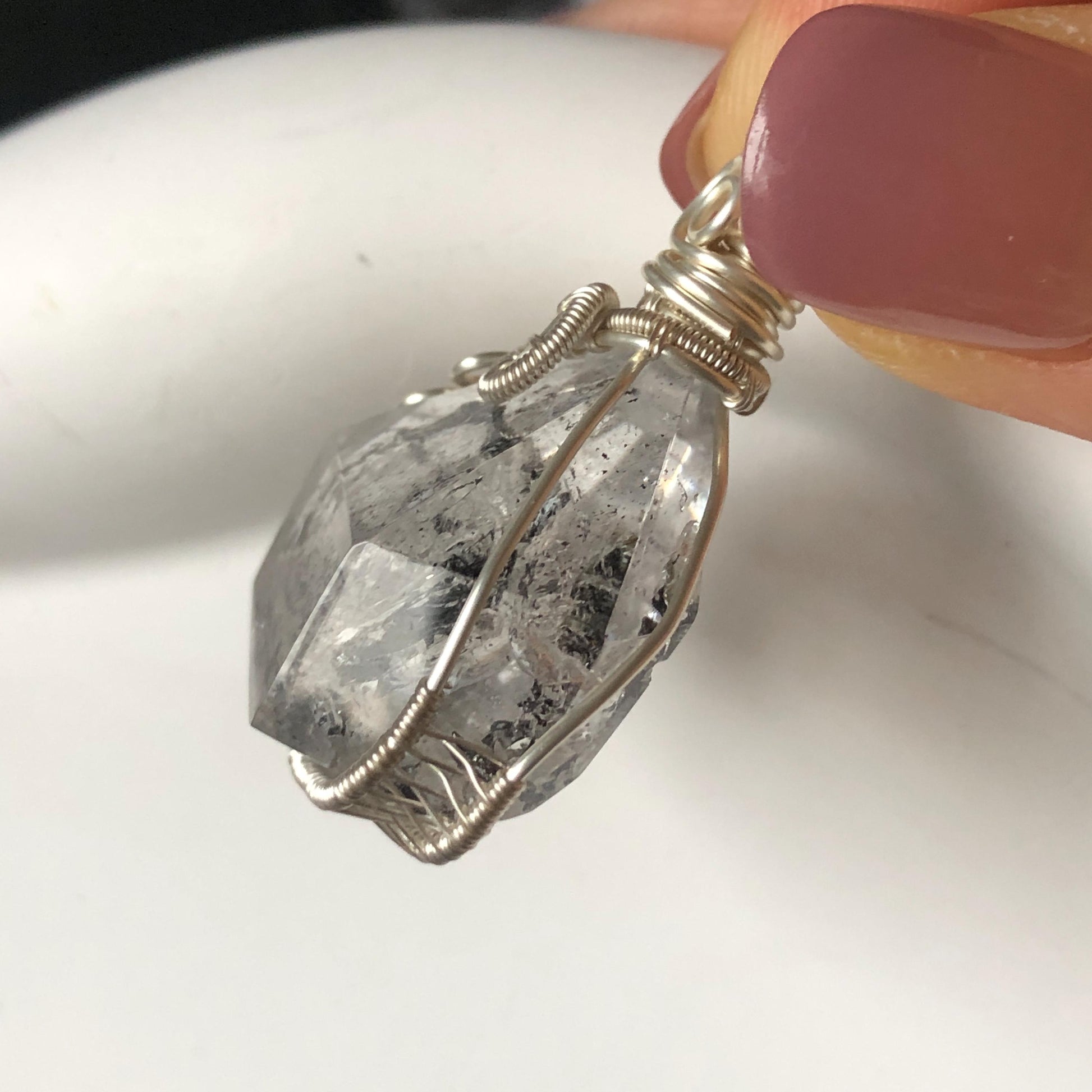 Rare Polished Enhydro Quartz (Herkimer Diamond) Wire Wrapped Pendant Adjustable Necklace: Sand Waterfall! Moving Sand & Mica, Clear Bubble Inclusion Crystal | Natural Gemstone Birthstone Gift for her enhydro quartz sand water-fall pendant necklace choker gemstone charm stone pendant choker polished stone pendant crystal charm birthstone gift for her men necklace chakra crystal purify stone minerals specimen adjustable choker mica quartz mica flakes silver wire wrapped pendant