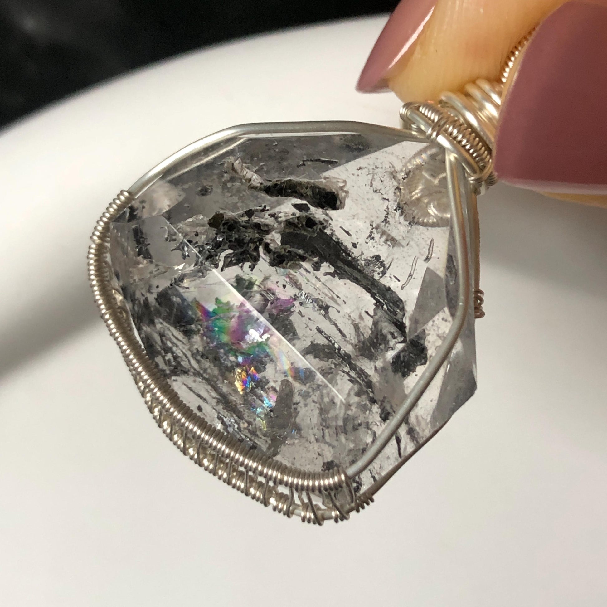 Rare Polished Enhydro Quartz (Herkimer Diamond) Wire Wrapped Pendant Adjustable Necklace: Sand Waterfall! Moving Sand & Mica, Clear Bubble Inclusion Crystal | Natural Gemstone Birthstone Gift for her enhydro quartz sand water-fall pendant necklace choker gemstone charm stone pendant choker polished stone pendant crystal charm birthstone gift for her men necklace chakra crystal purify stone minerals specimen adjustable choker mica quartz mica flakes silver wire wrapped pendant