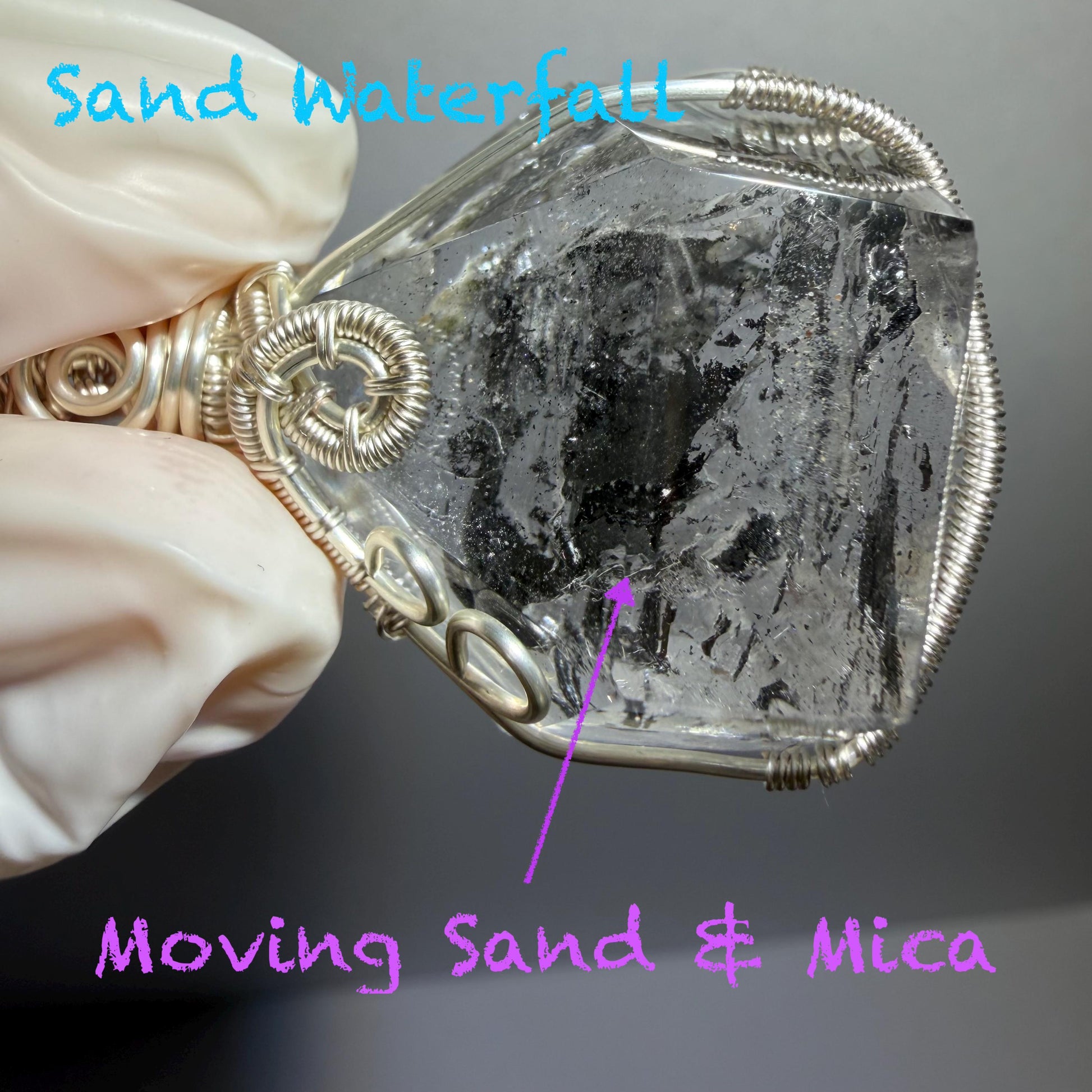 Rare Polished Enhydro Quartz (Herkimer Diamond) Wire Wrapped Pendant Adjustable Necklace: Sand Waterfall! Moving Sand & Mica, Clear Bubble Inclusion Crystal | Natural Gemstone Birthstone Gift for her enhydro quartz sand water-fall pendant necklace choker gemstone charm stone pendant choker polished stone pendant crystal charm birthstone gift for her men necklace chakra crystal purify stone minerals specimen adjustable choker mica quartz mica flakes silver wire wrapped pendant