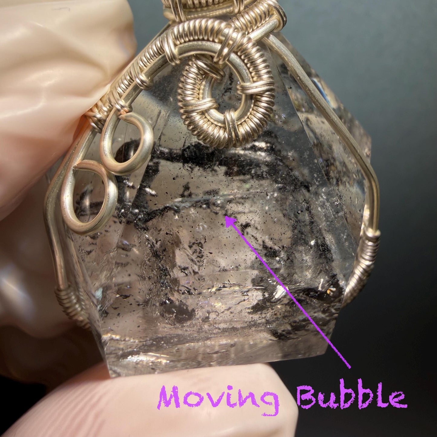 Rare Polished Enhydro Quartz (Herkimer Diamond) Wire Wrapped Pendant Adjustable Necklace: Sand Waterfall! Moving Sand & Mica, Clear Bubble Inclusion Crystal | Natural Gemstone Birthstone Gift for her enhydro quartz sand water-fall pendant necklace choker gemstone charm stone pendant choker polished stone pendant crystal charm birthstone gift for her men necklace chakra crystal purify stone minerals specimen adjustable choker mica quartz mica flakes silver wire wrapped pendant