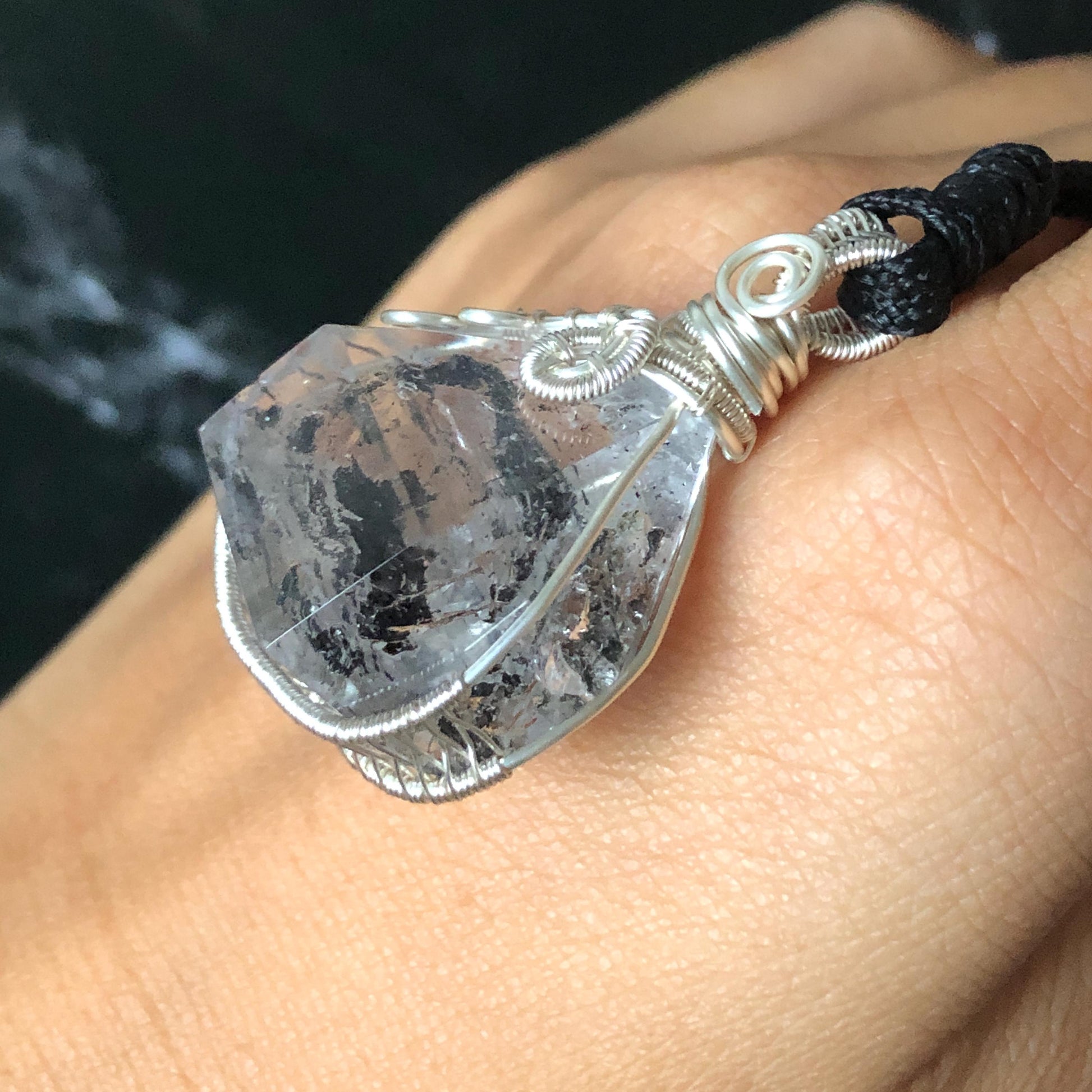 Rare Polished Enhydro Quartz (Herkimer Diamond) Wire Wrapped Pendant Adjustable Necklace: Sand Waterfall! Moving Sand & Mica, Clear Bubble Inclusion Crystal | Natural Gemstone Birthstone Gift for her enhydro quartz sand water-fall pendant necklace choker gemstone charm stone pendant choker polished stone pendant crystal charm birthstone gift for her men necklace chakra crystal purify stone minerals specimen adjustable choker mica quartz mica flakes silver wire wrapped pendant