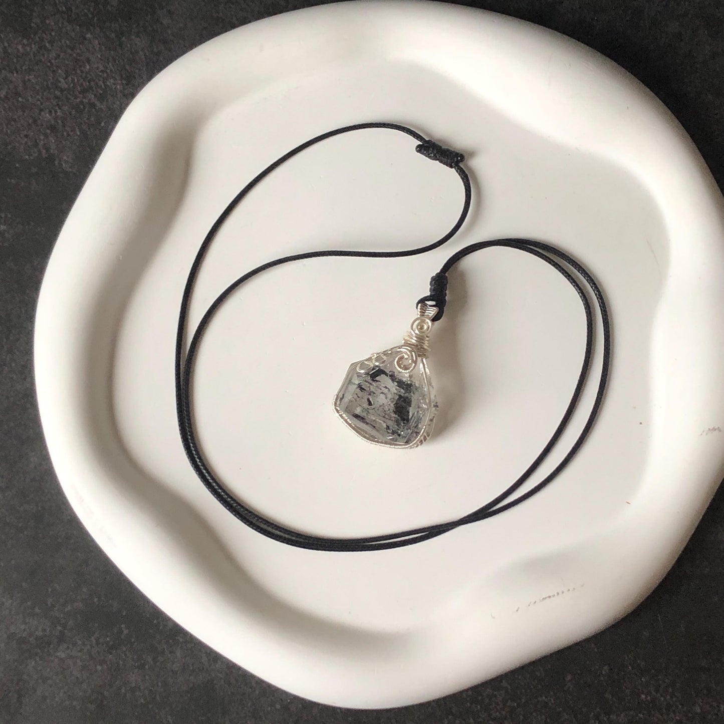 Rare Polished Enhydro Quartz (Herkimer Diamond) Wire Wrapped Pendant Adjustable Necklace: Sand Waterfall! Moving Sand & Mica, Clear Bubble Inclusion Crystal | Natural Gemstone Birthstone Gift for her enhydro quartz sand water-fall pendant necklace choker gemstone charm stone pendant choker polished stone pendant crystal charm birthstone gift for her men necklace chakra crystal purify stone minerals specimen adjustable choker mica quartz mica flakes silver wire wrapped pendant