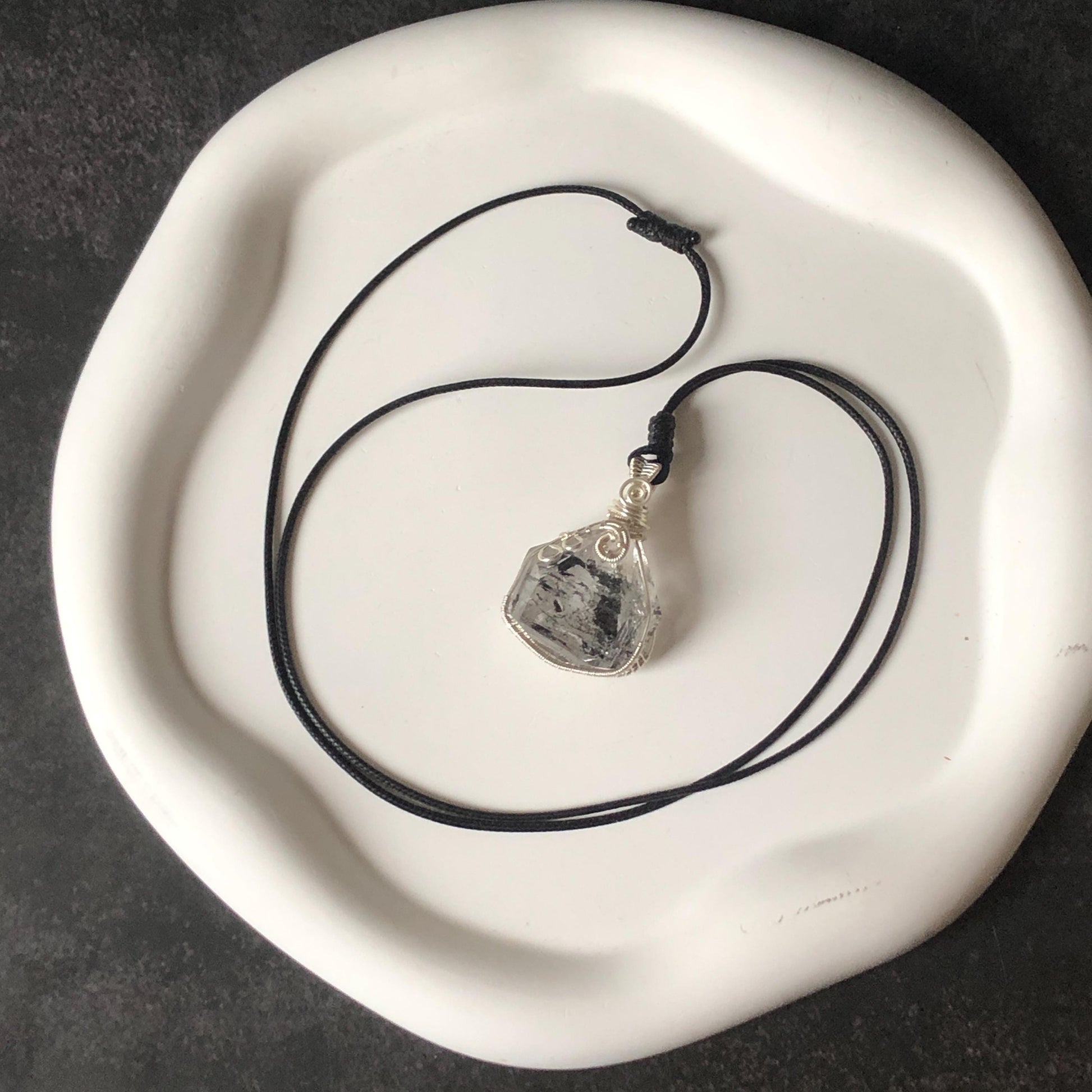 Rare Polished Enhydro Quartz (Herkimer Diamond) Wire Wrapped Pendant Adjustable Necklace: Sand Waterfall! Moving Sand & Mica, Clear Bubble Inclusion Crystal | Natural Gemstone Birthstone Gift for her enhydro quartz sand water-fall pendant necklace choker gemstone charm stone pendant choker polished stone pendant crystal charm birthstone gift for her men necklace chakra crystal purify stone minerals specimen adjustable choker mica quartz mica flakes silver wire wrapped pendant