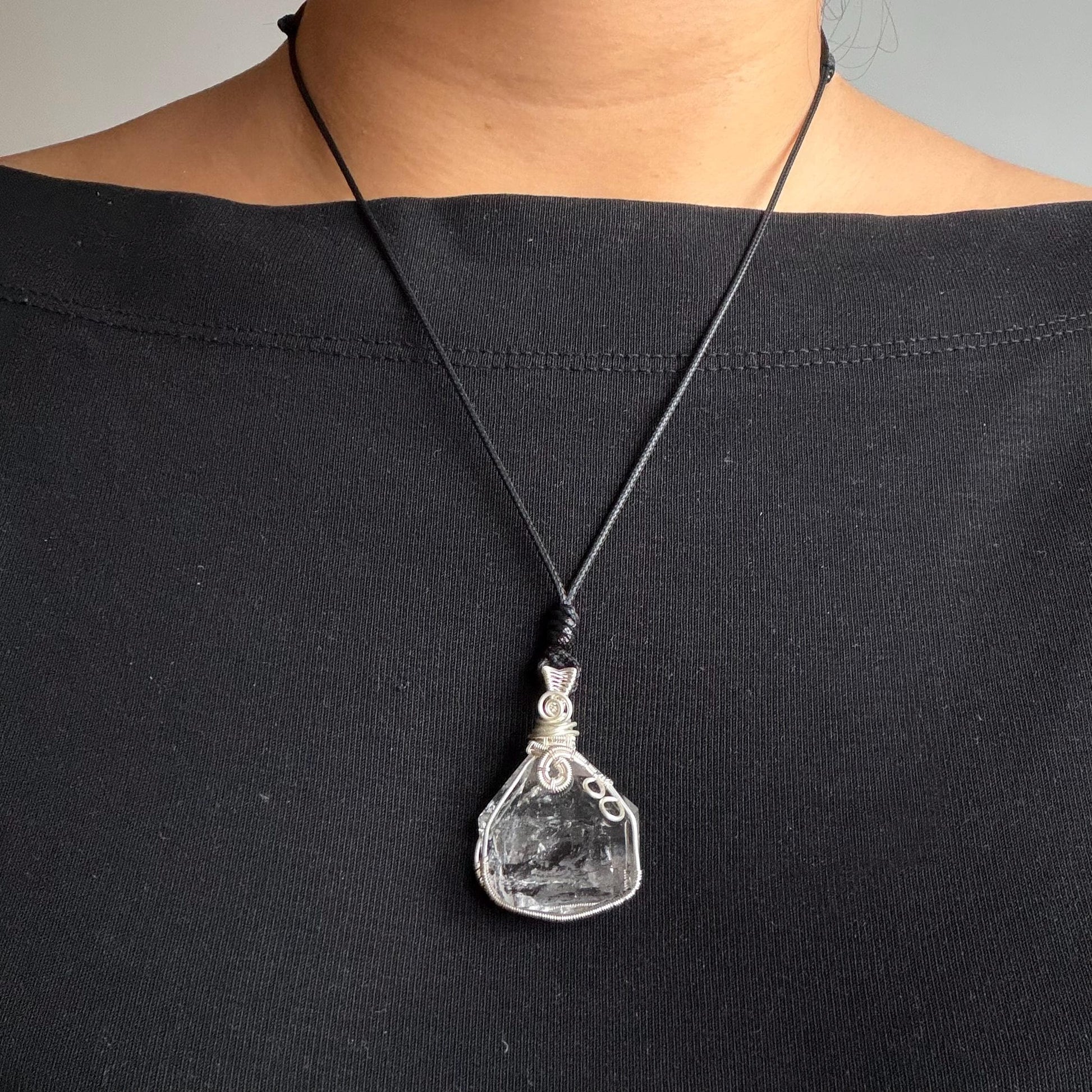 Rare Polished Enhydro Quartz (Herkimer Diamond) Wire Wrapped Pendant Adjustable Necklace: Sand Waterfall! Moving Sand & Mica, Clear Bubble Inclusion Crystal | Natural Gemstone Birthstone Gift for her enhydro quartz sand water-fall pendant necklace choker gemstone charm stone pendant choker polished stone pendant crystal charm birthstone gift for her men necklace chakra crystal purify stone minerals specimen adjustable choker mica quartz mica flakes silver wire wrapped pendant