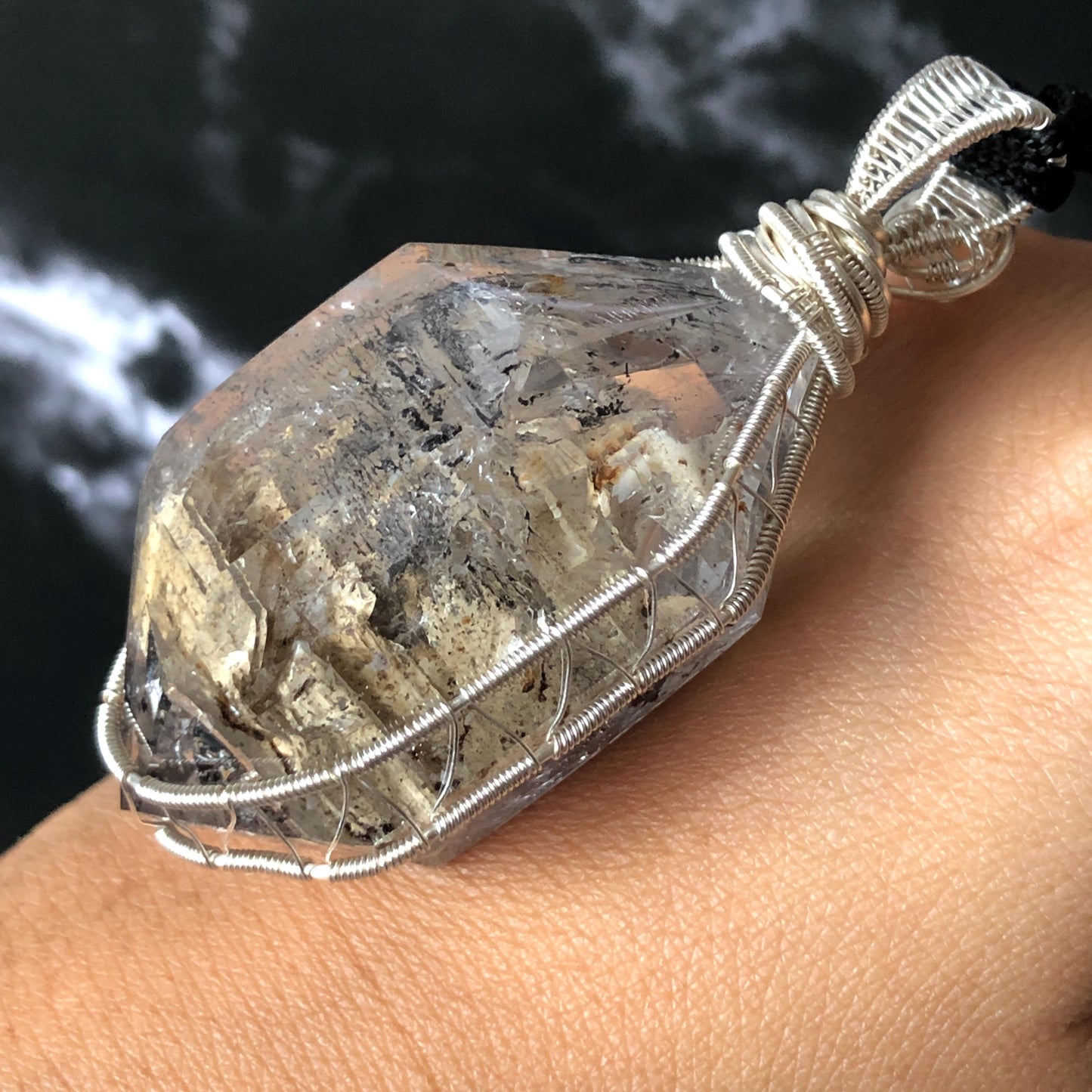 Polished Enhydro Skeleton Quartz (Herkimer Diamond) Wire Wrapped Pendant Adjustable Necklace: Moving White Sand, Black Sand, Black Mica, Black Bubble Inclusion Crystal | Natural Gemstone Birthstone enhydro quartz sand water-fall  choker gemstone charm stone pendant choker polished stone pendant crystal charm birthstone men necklace chakra crystal purify stone minerals specimen adjustable choker mica quartz mica flakes silver wire wrapped pendant yellow clay skeleton crystal Elestial Quartz