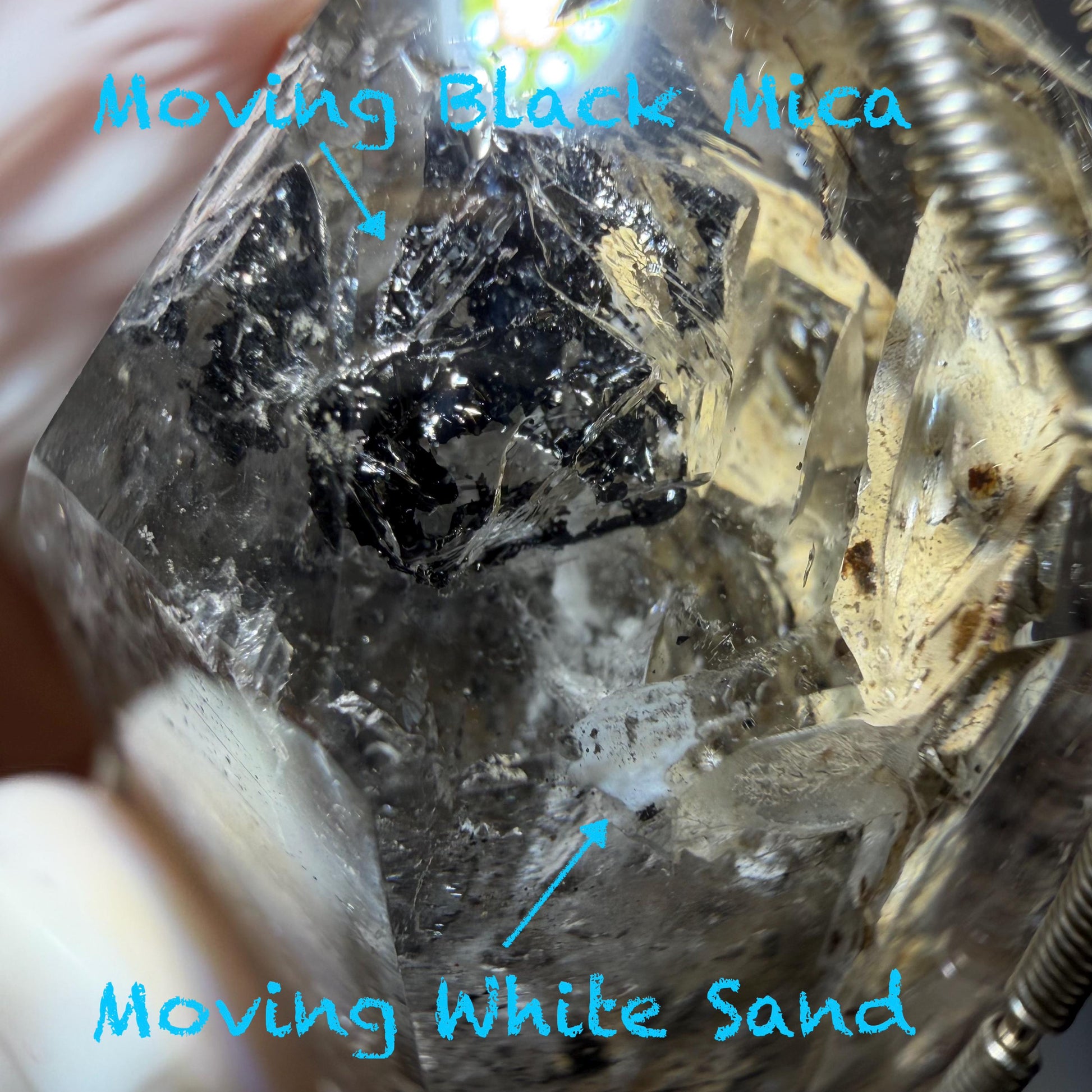 Polished Enhydro Skeleton Quartz (Herkimer Diamond) Wire Wrapped Pendant Adjustable Necklace: Moving White Sand, Black Sand, Black Mica, Black Bubble Inclusion Crystal | Natural Gemstone Birthstone enhydro quartz sand water-fall  choker gemstone charm stone pendant choker polished stone pendant crystal charm birthstone men necklace chakra crystal purify stone minerals specimen adjustable choker mica quartz mica flakes silver wire wrapped pendant yellow clay skeleton crystal Elestial Quartz