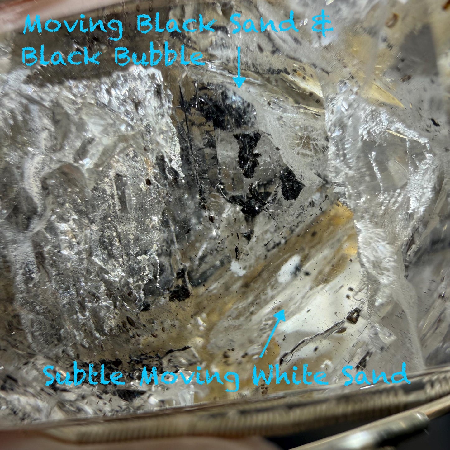 Polished Enhydro Skeleton Quartz (Herkimer Diamond) Wire Wrapped Pendant Adjustable Necklace: Moving White Sand, Black Sand, Black Mica, Black Bubble Inclusion Crystal | Natural Gemstone Birthstone enhydro quartz sand water-fall  choker gemstone charm stone pendant choker polished stone pendant crystal charm birthstone men necklace chakra crystal purify stone minerals specimen adjustable choker mica quartz mica flakes silver wire wrapped pendant yellow clay skeleton crystal Elestial Quartz