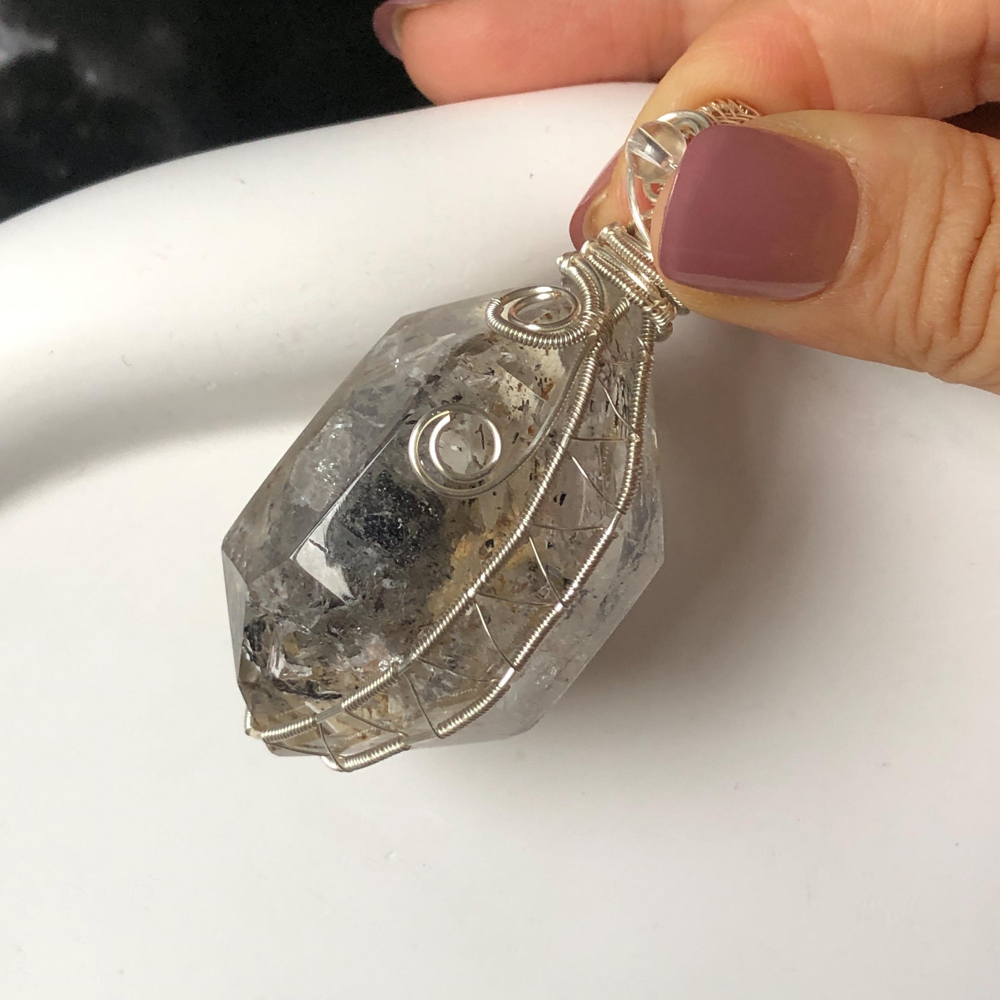 Polished Enhydro Skeleton Quartz (Herkimer Diamond) Wire Wrapped Pendant Adjustable Necklace: Moving White Sand, Black Sand, Black Mica, Black Bubble Inclusion Crystal | Natural Gemstone Birthstone enhydro quartz sand water-fall  choker gemstone charm stone pendant choker polished stone pendant crystal charm birthstone men necklace chakra crystal purify stone minerals specimen adjustable choker mica quartz mica flakes silver wire wrapped pendant yellow clay skeleton crystal Elestial Quartz