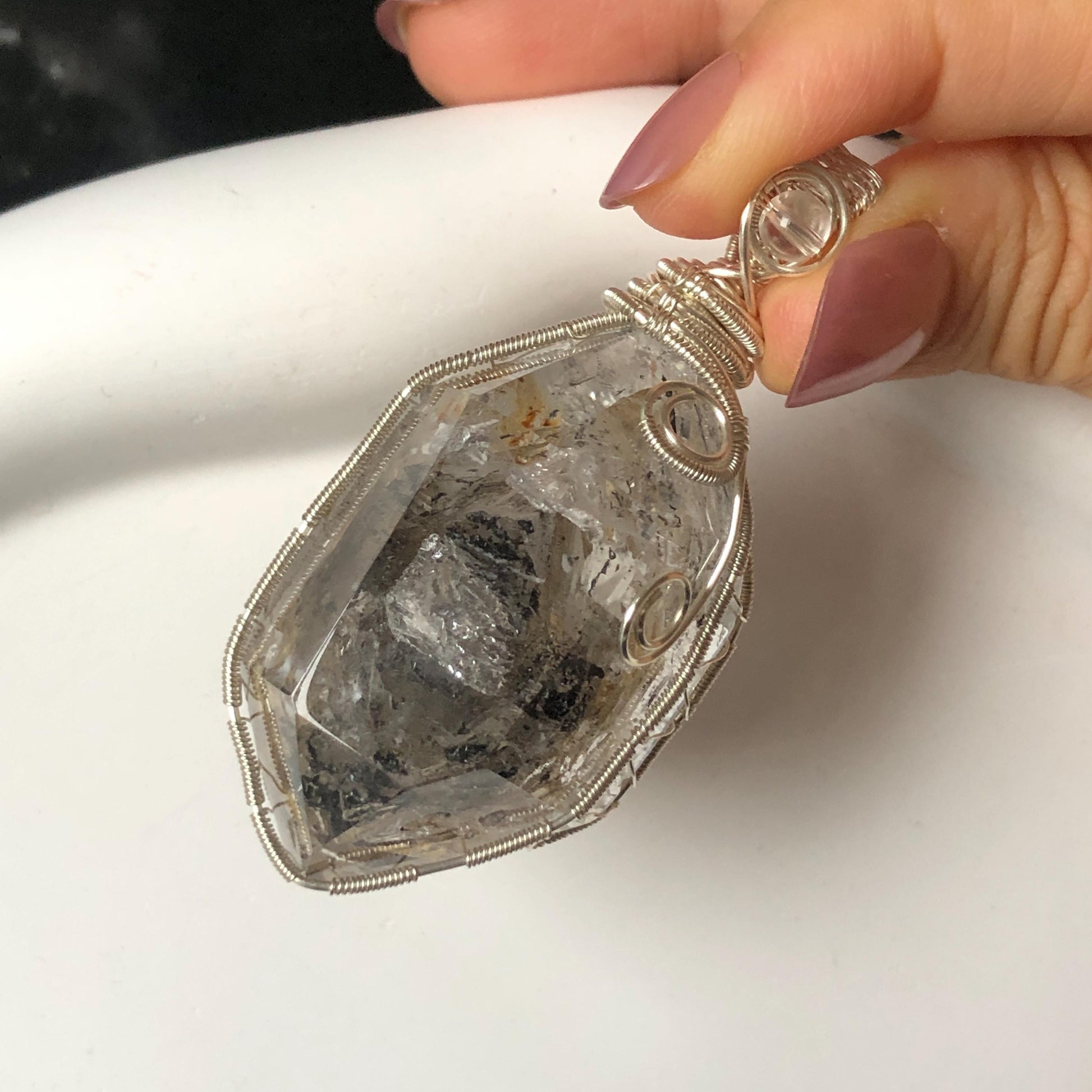 Polished Enhydro Skeleton Quartz (Herkimer Diamond) Wire Wrapped Pendant Adjustable Necklace: Moving White Sand, Black Sand, Black Mica, Black Bubble Inclusion Crystal | Natural Gemstone Birthstone enhydro quartz sand water-fall  choker gemstone charm stone pendant choker polished stone pendant crystal charm birthstone men necklace chakra crystal purify stone minerals specimen adjustable choker mica quartz mica flakes silver wire wrapped pendant yellow clay skeleton crystal Elestial Quartz