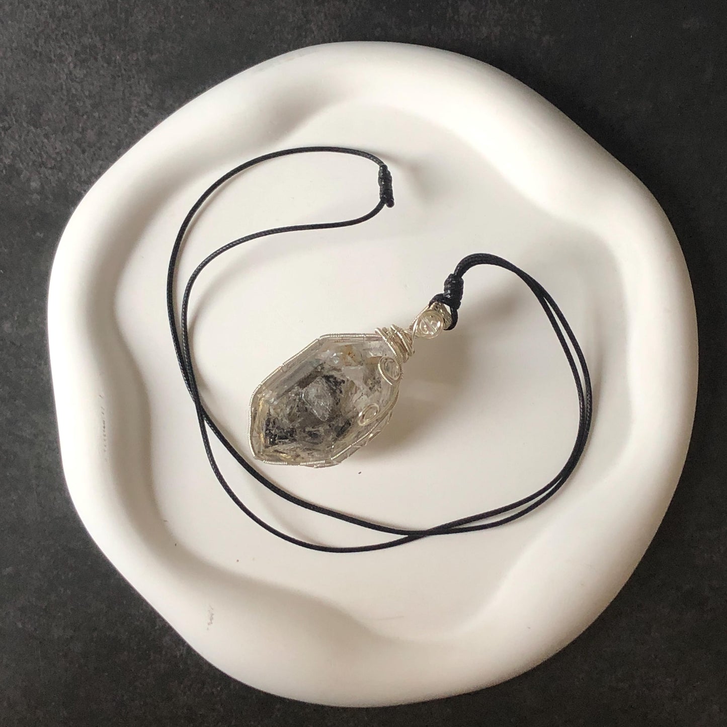 Polished Enhydro Skeleton Quartz (Herkimer Diamond) Wire Wrapped Pendant Adjustable Necklace: Moving White Sand, Black Sand, Black Mica, Black Bubble Inclusion Crystal | Natural Gemstone Birthstone enhydro quartz sand water-fall  choker gemstone charm stone pendant choker polished stone pendant crystal charm birthstone men necklace chakra crystal purify stone minerals specimen adjustable choker mica quartz mica flakes silver wire wrapped pendant yellow clay skeleton crystal Elestial Quartz