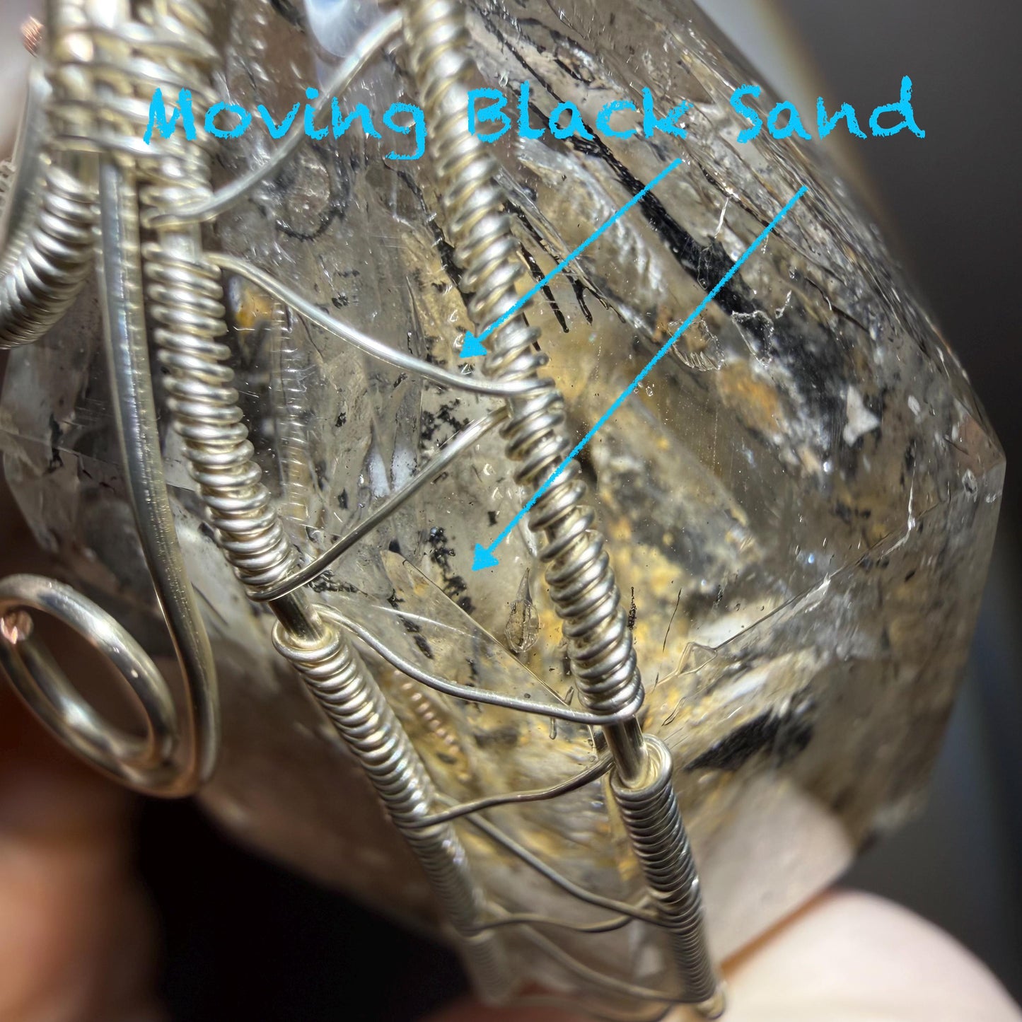 Polished Enhydro Skeleton Quartz (Herkimer Diamond) Wire Wrapped Pendant Adjustable Necklace: Moving White Sand, Black Sand, Black Mica, Black Bubble Inclusion Crystal | Natural Gemstone Birthstone enhydro quartz sand water-fall  choker gemstone charm stone pendant choker polished stone pendant crystal charm birthstone men necklace chakra crystal purify stone minerals specimen adjustable choker mica quartz mica flakes silver wire wrapped pendant yellow clay skeleton crystal Elestial Quartz