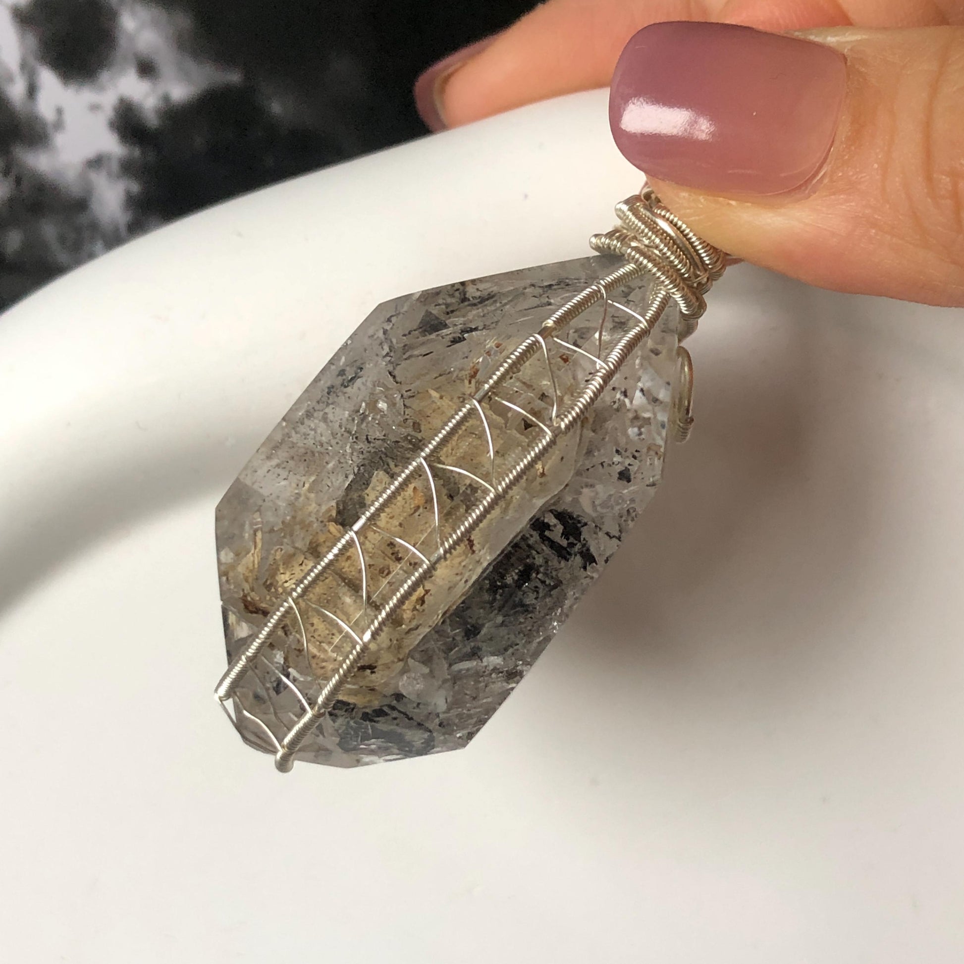 Polished Enhydro Skeleton Quartz (Herkimer Diamond) Wire Wrapped Pendant Adjustable Necklace: Moving White Sand, Black Sand, Black Mica, Black Bubble Inclusion Crystal | Natural Gemstone Birthstone enhydro quartz sand water-fall  choker gemstone charm stone pendant choker polished stone pendant crystal charm birthstone men necklace chakra crystal purify stone minerals specimen adjustable choker mica quartz mica flakes silver wire wrapped pendant yellow clay skeleton crystal Elestial Quartz