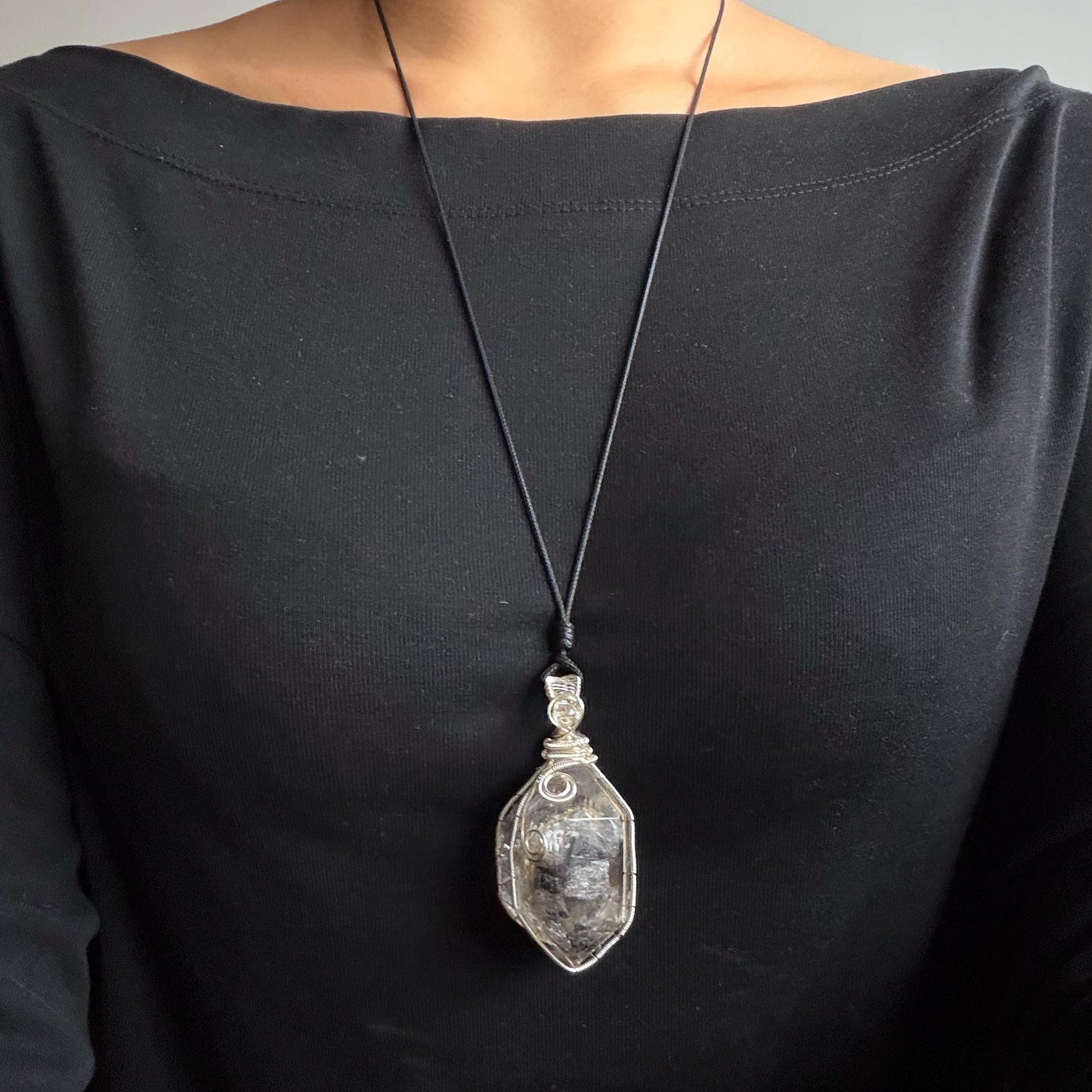 Polished Enhydro Skeleton Quartz (Herkimer Diamond) Pendant Necklace: Moving White Sand, Black Sand, Black Mica, Bubble Inclusion Crystal