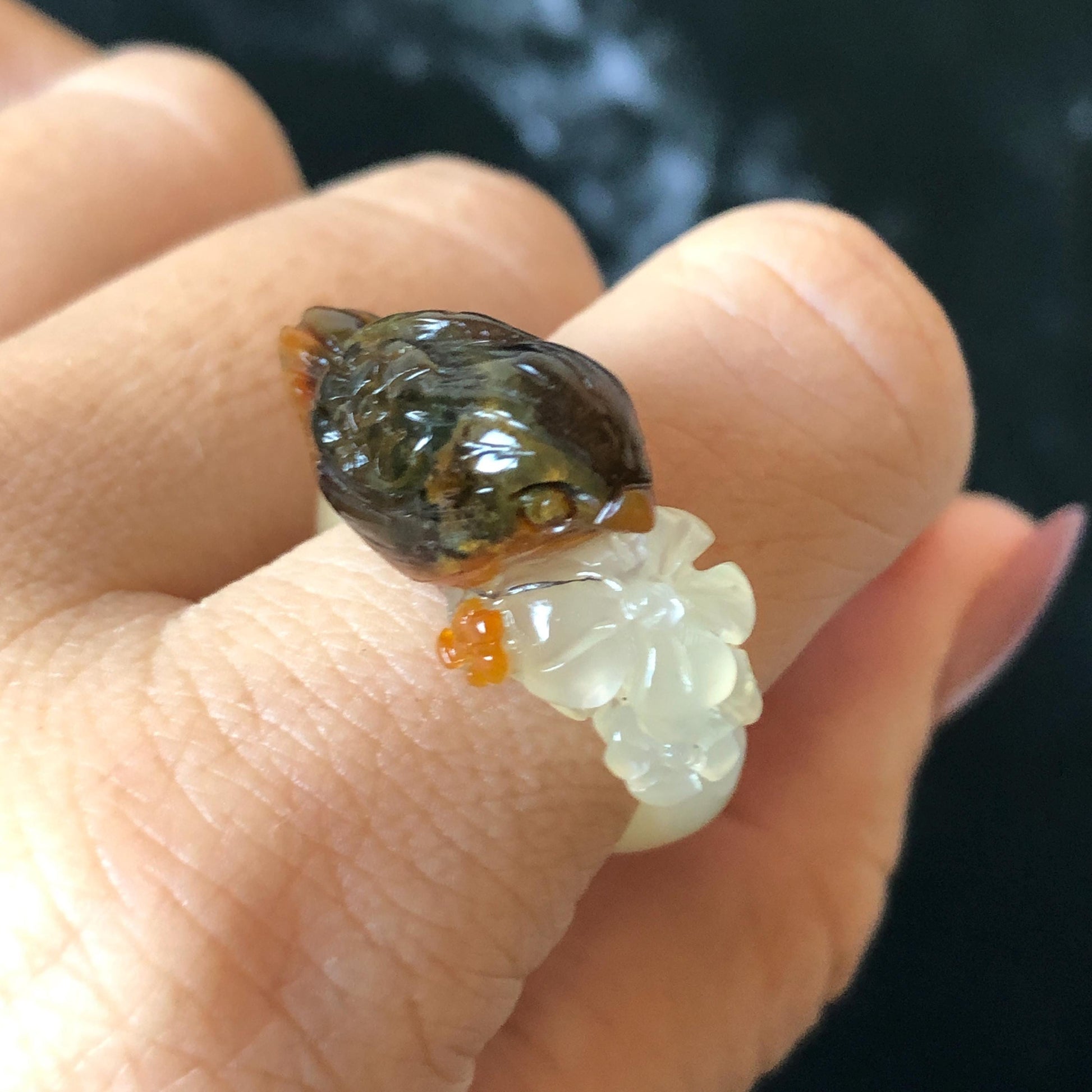 Xiu Jade (Serpentine) Hand Carved Bird and Flower Statement Ring 17.3mm (US 7): Natural Brown Green White Jade Ring Band Ring gift for her brown jade carving white jade multi colour jade bird carving hand engraved statement ring flower carving hand carved flower natural untreated jade handcrafted jade ring 3D carving Stone carving Gemstone Carving Bird Lover gift jade cocktail ring jade band ring green jade