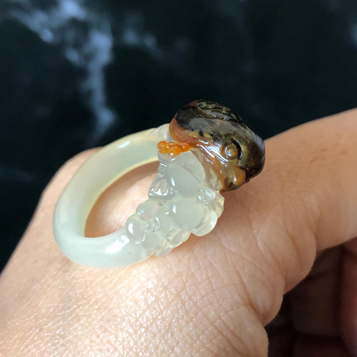 Xiu Jade (Serpentine) Hand Carved Bird and Flower Statement Ring 17.3mm (US 7): Natural Brown Green White Jade Ring Band Ring gift for her brown jade carving white jade multi colour jade bird carving hand engraved statement ring flower carving hand carved flower natural untreated jade handcrafted jade ring 3D carving Stone carving Gemstone Carving Bird Lover gift jade cocktail ring jade band ring green jade