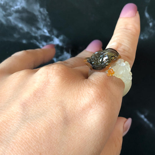 Xiu Jade (Serpentine) Hand Carved Bird and Flower Statement Ring 17.3mm (US 7): Natural Brown Green White Jade Ring Band Ring gift for her brown jade carving white jade multi colour jade bird carving hand engraved statement ring flower carving hand carved flower natural untreated jade handcrafted jade ring 3D carving Stone carving Gemstone Carving Bird Lover gift jade cocktail ring jade band ring green jade