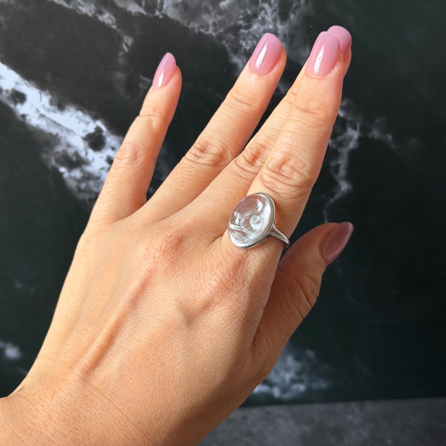 Rare-find! Polished Enhydro Quartz (Herkimer Diamond) S925 Silver Adjustable Ring: Rainbow! Moving White Sand & Big Clear Bubble Statement Ring for Women ring crystal band ring crystal cocktail ring crystal stackable ring 7 chakra crystal ring meditation crystal healing stone birthstone silver ring ring for men rainbow quartz