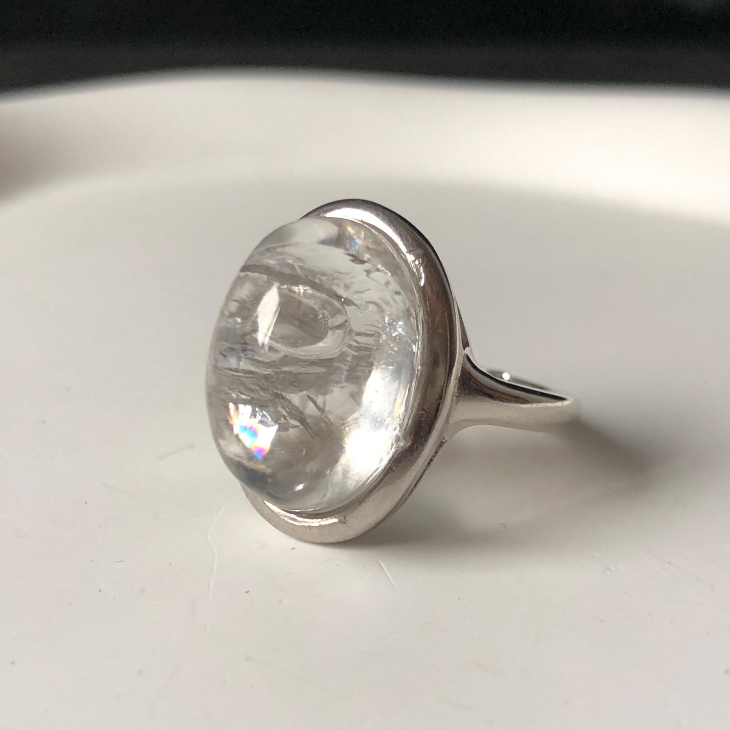 Rare-find! Polished Enhydro Quartz (Herkimer Diamond) S925 Silver Adjustable Ring: Rainbow! Moving White Sand & Big Clear Bubble Statement Ring for Women ring crystal band ring crystal cocktail ring crystal stackable ring 7 chakra crystal ring meditation crystal healing stone birthstone silver ring ring for men rainbow quartz