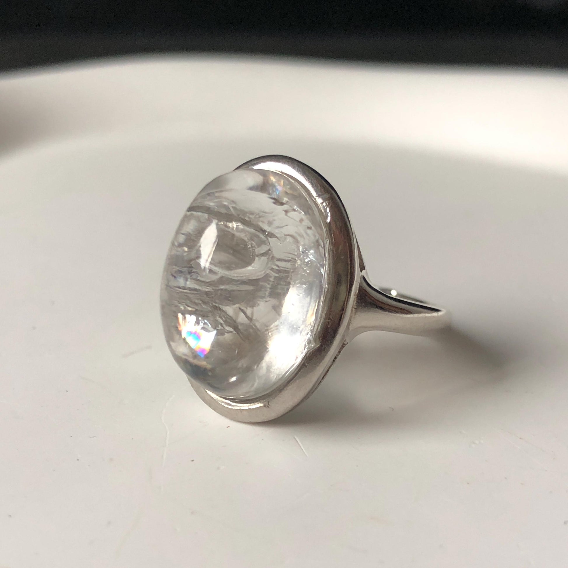 Rare-find! Polished Enhydro Quartz (Herkimer Diamond) S925 Silver Adjustable Ring: Rainbow! Moving White Sand & Big Clear Bubble Statement Ring for Women ring crystal band ring crystal cocktail ring crystal stackable ring 7 chakra crystal ring meditation crystal healing stone birthstone silver ring ring for men rainbow quartz